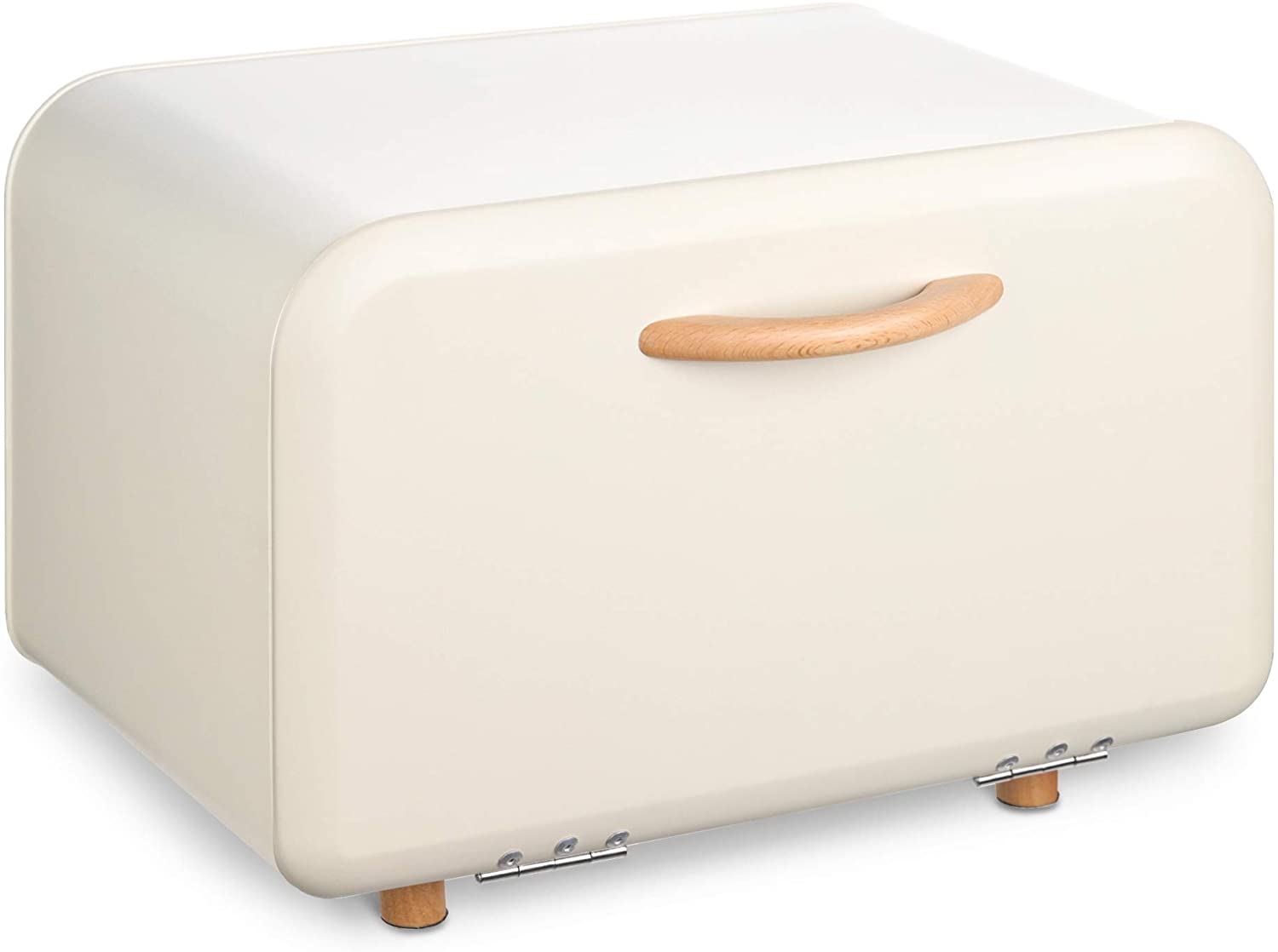 Navaris Bread Bin / Metal Bread Box - Μεταλλική Ψωμιέρα / Κουτί Αποθήκευσης Ψωμιού με Μαγνητικό Πορτάκι / Καπάκι από Ξύλο Οξιάς - Creme 