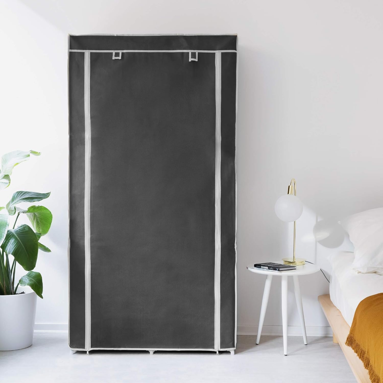 Canvas Effect Wardrobe - Foldable Storage Cupboard For Clothes 88 X 170 X 45 Cm Comes With 5 Shelves Rail Metal Frame And Cover Grey P 27644425