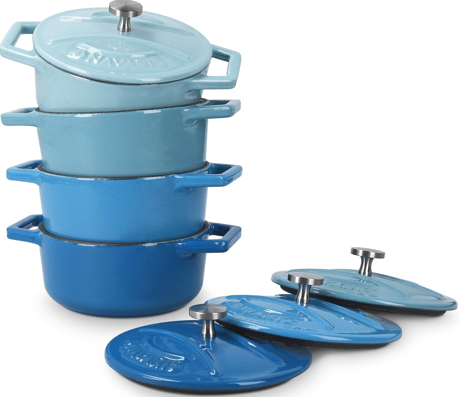 Navaris Cast Iron Round Cocottes - Σετ 4 Μίνι Αντικολλητικές Κατσαρόλες από Χυτοσίδηρο και Καπάκι από Ανοξείδωτο Ατσάλι για Φούρνο - 10,5cm - 290ml - Blue