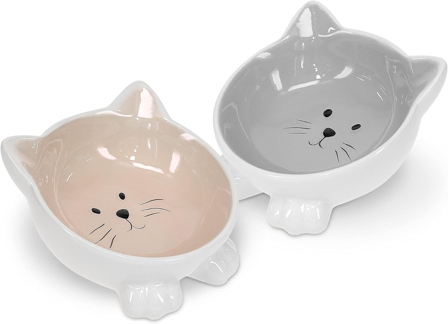 Navaris Cat Bowls with Ears Set of 2 - Σετ με 2 Μπολ Φαγητού και Νερού σε Σχήμα Γάτας - Beige / Grey