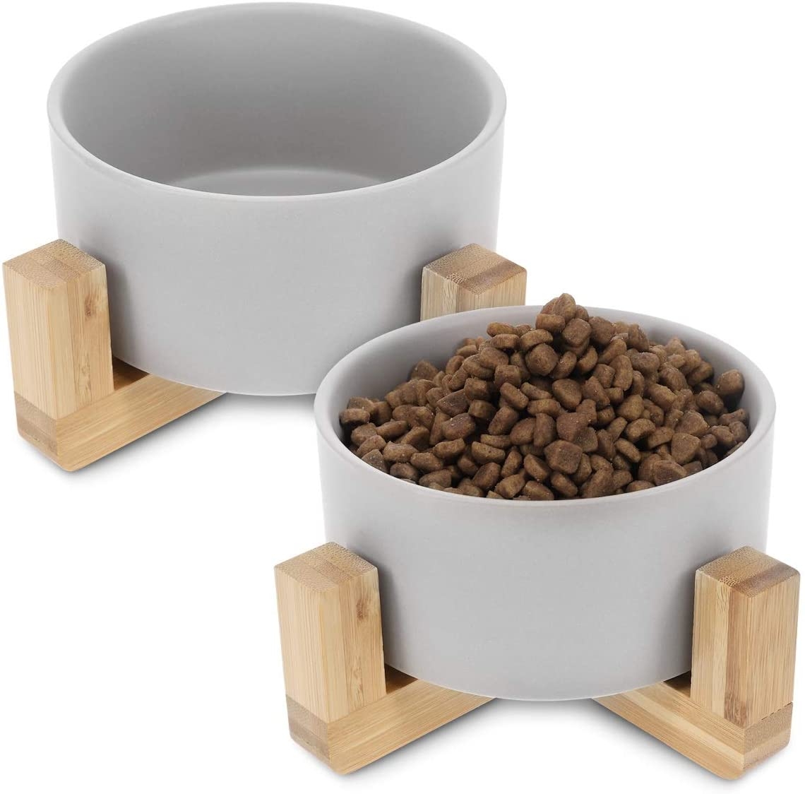 Navaris Ceramic Elevated Cat Bowls - Σετ με 2 Μπολ Φαγητού και Νερού με Βάση από Μπαμπού για Κατοικίδια - Grey / Brown