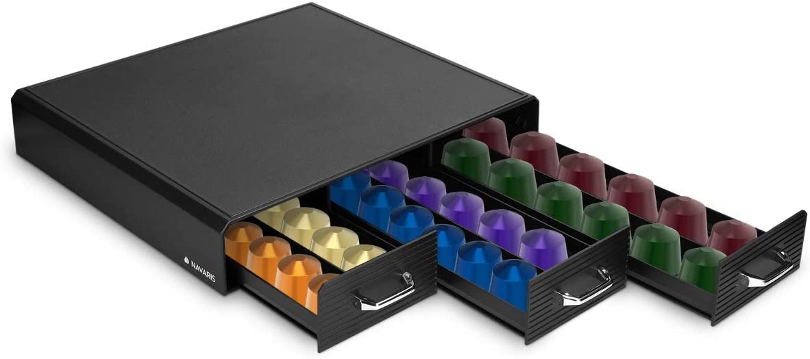 Navaris Coffee Capsule Drawer - Κουτί Αποθήκευσης με 3 Συρτάρια για 48 Κάψουλες Nespresso / Βάση για Καφετιέρα - Black