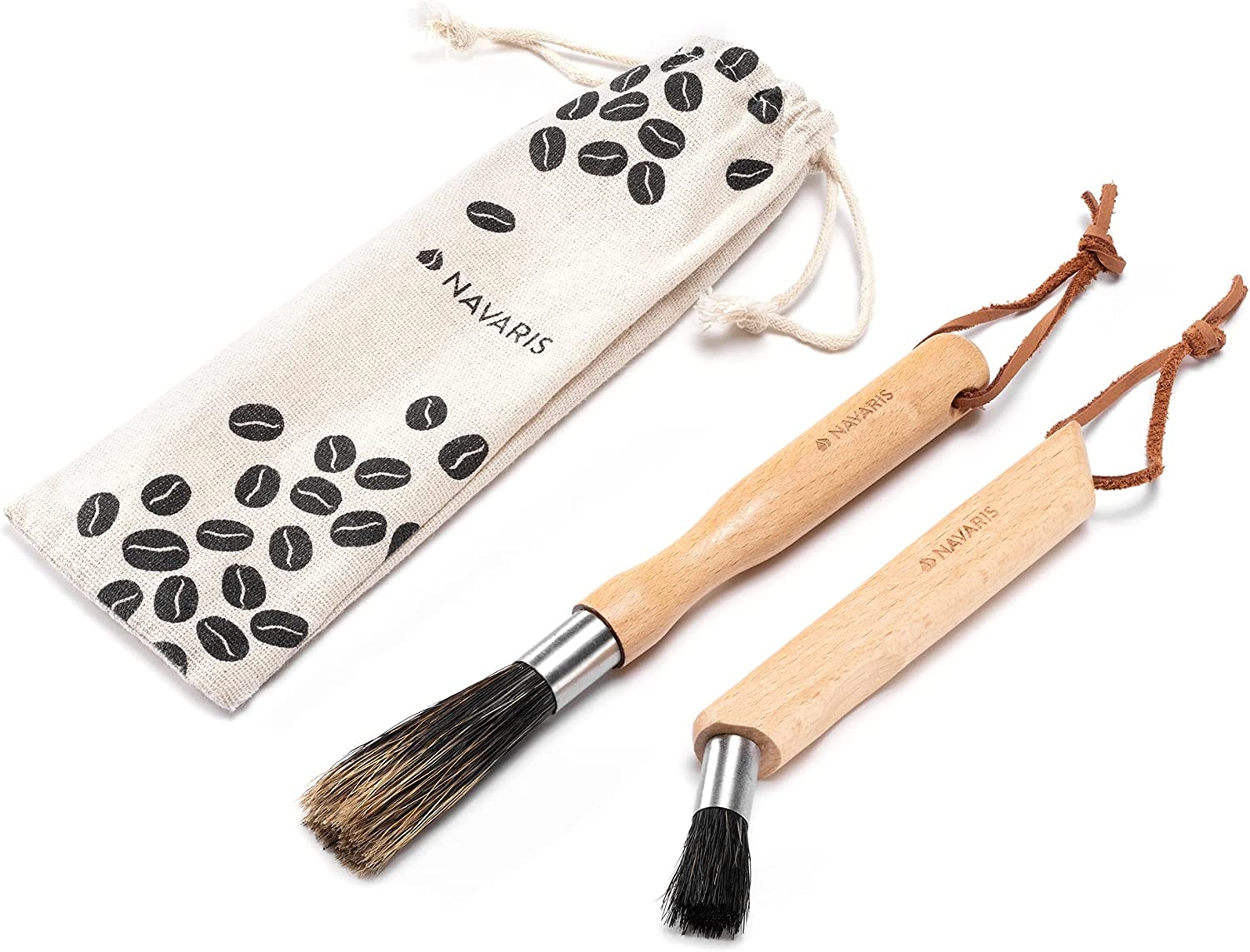 Navaris Coffee Machine and Grinder Cleaning Brush Set - Σετ 2 Βούρτσες Καθαρισμού Καφετιέρας Espresso από Ανοξείδωτο Ατσάλι και Ξύλο Οξιάς - Brown