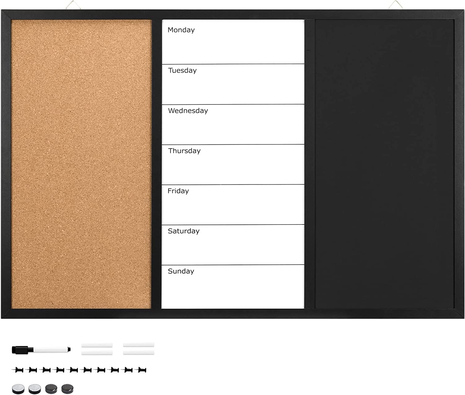 Navaris Combination Board 3 in 1 - Μαγνητικός Πίνακας Ανακοινώσεων Κιμωλίας & Μαρκαδόρου με Εβδομαδιαίο Πλάνο και Πίνακας από Φελλό - 90 x 60cm