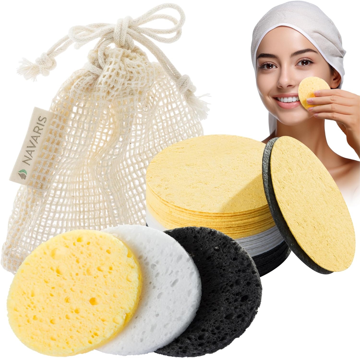 Navaris Compressed Facial Sponges - Συμπιεσμένα Βιοδιασπώμενα Σφουγγαράκια Προσώπου για Καθαρισμό & Εφαρμογή Μακιγιάζ - 50 Τεμάχια - Black / Yellow / White