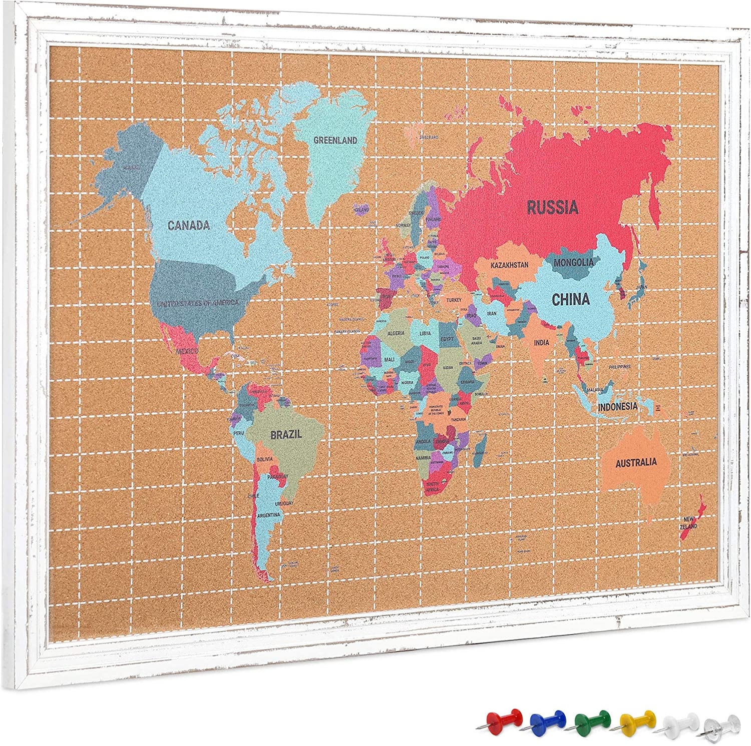 Navaris Cork Memo Board - Πίνακας Ανακοινώσεων Παγκόσμιου Χάρτη με Πινέζες από Φελλό με Ξύλινο Πλαίσιο - 90 x 60 cm - World Map / Brown