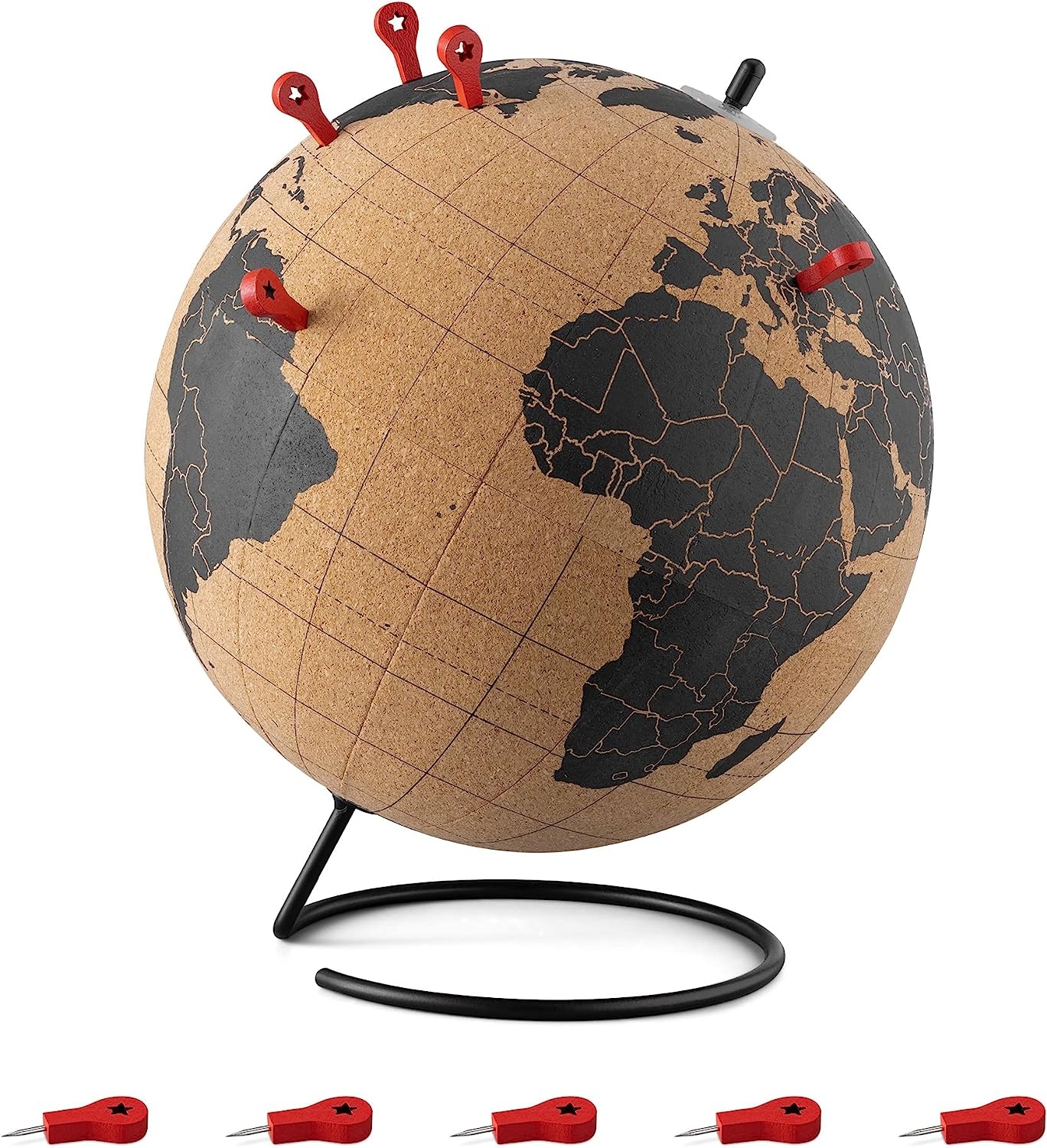 Navaris Cork Globe with Pins - Διακοσμητική Υδρόγειος Σφαίρα από Φελλό με 10 Πινέζες - Διάμετρος 20cm - Brown / Black Print