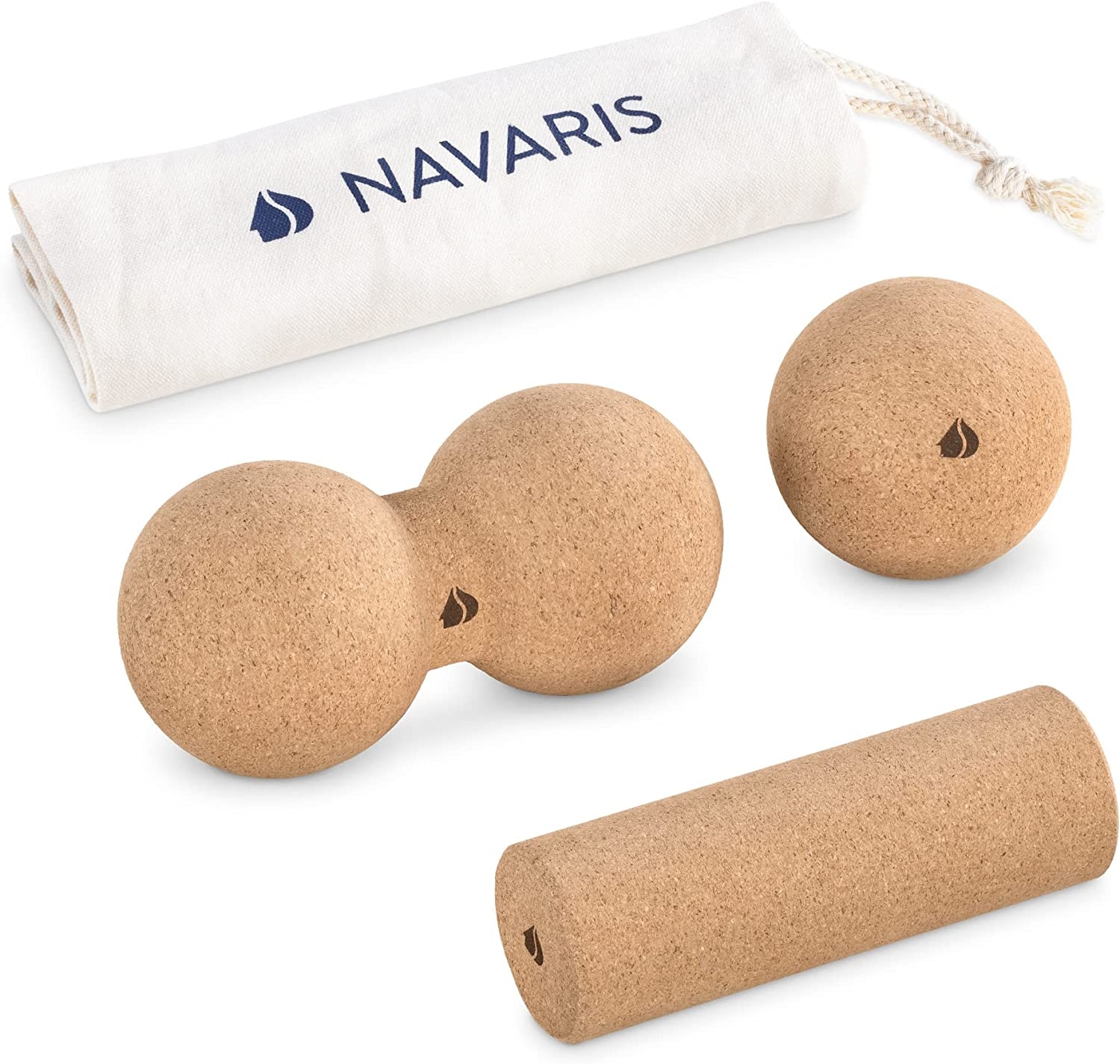 Navaris Cork Massage Fascia Roller Ball Set - Σετ Μασάζ από Φελλό - Κύλινδρος / Μπάλα / Peanut Duo - Light Brown