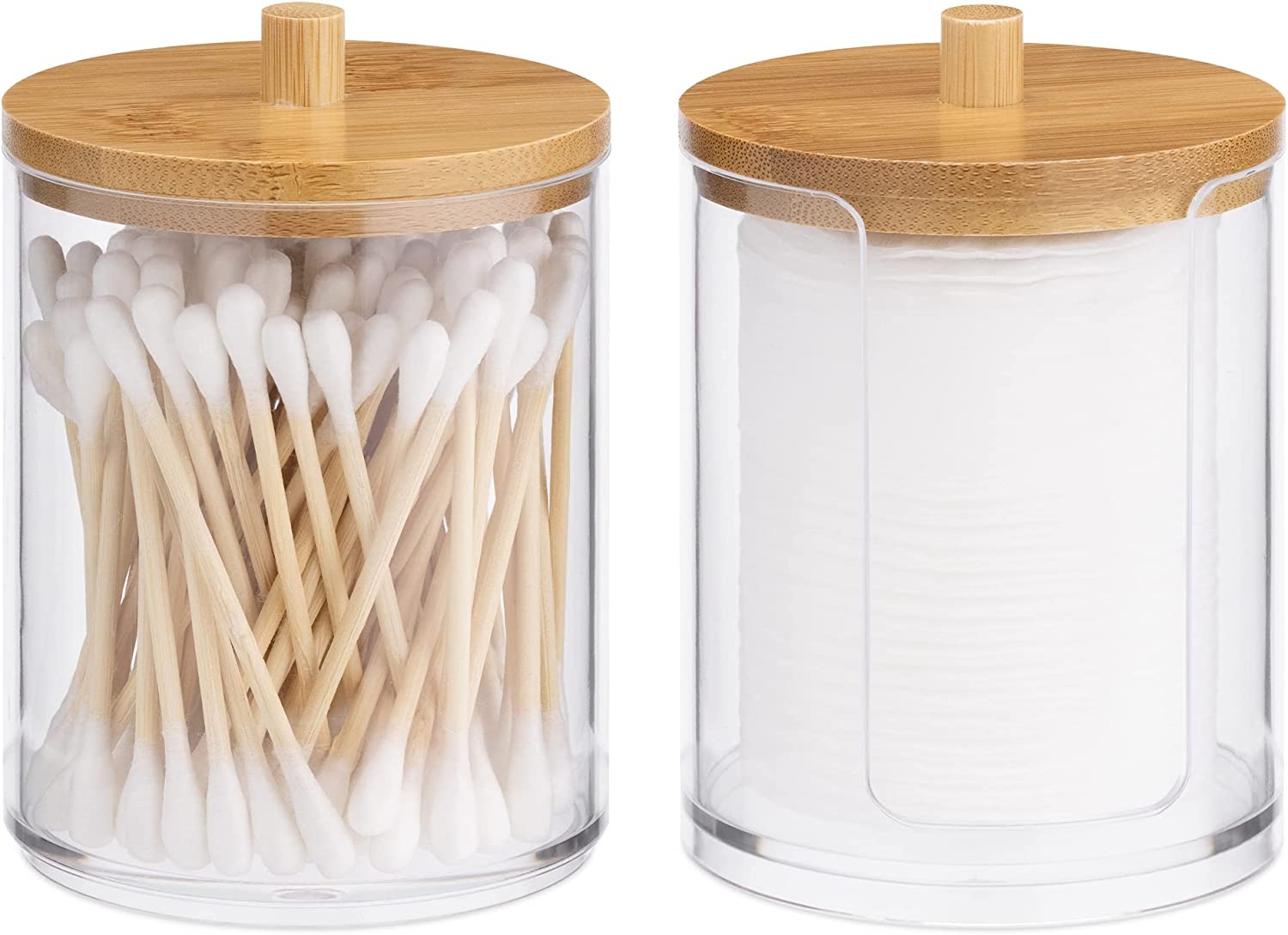 Navaris Cotton Bud Container - Θήκη / Δοχείο Αποθήκευσης για Μπατονέτες / Βαμβάκι / Αξεσουάρ Μακιγιάζ με Καπάκι από Μπαμπού - 2 Τεμάχια - Clear