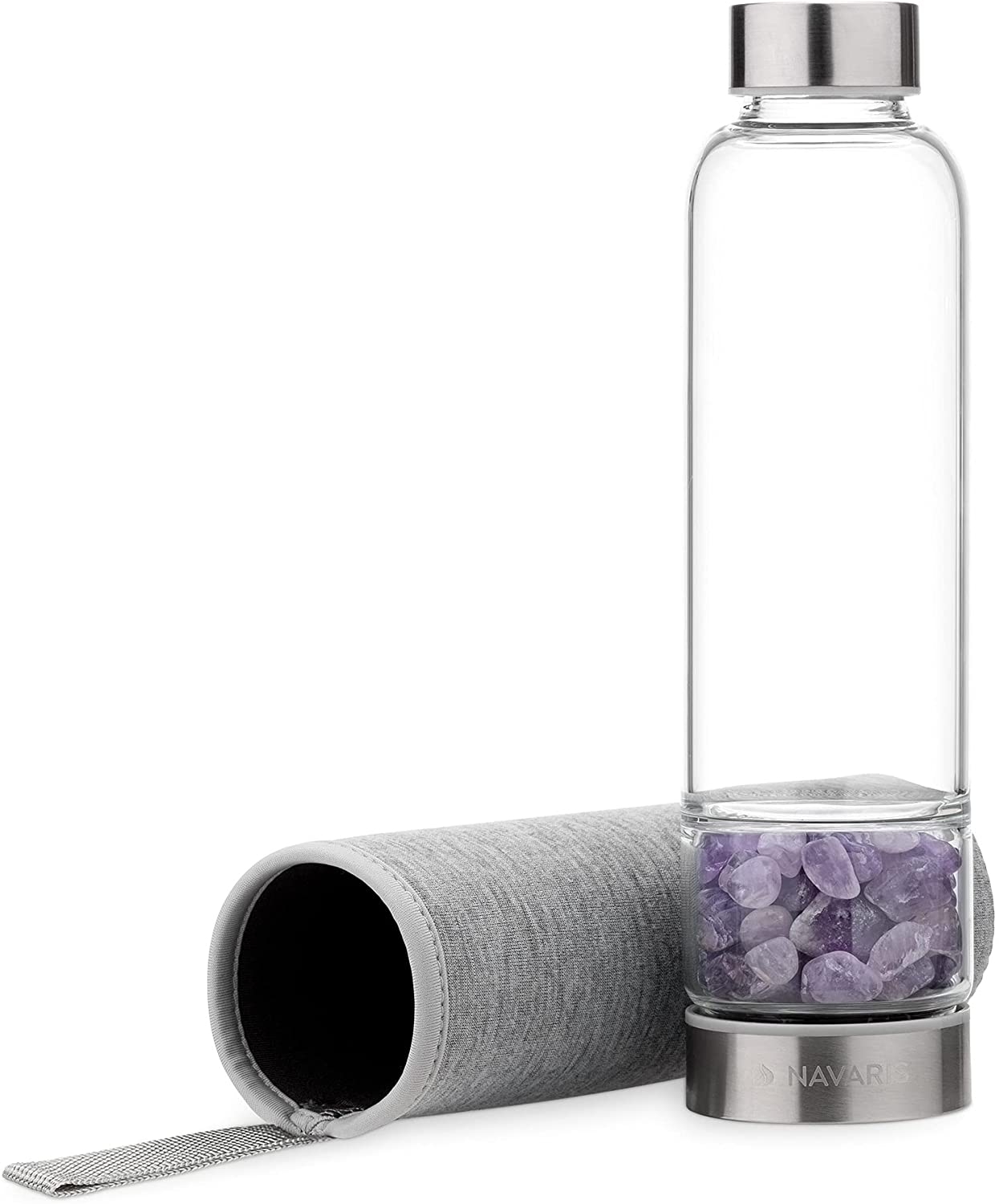 Navaris Crystal Water Bottle with Gemstones - Γυάλινο Μπουκάλι Νερού με Πέτρες Αμέθυστου και Θήκη - BPA FREE - 420ml - Clear / Purple