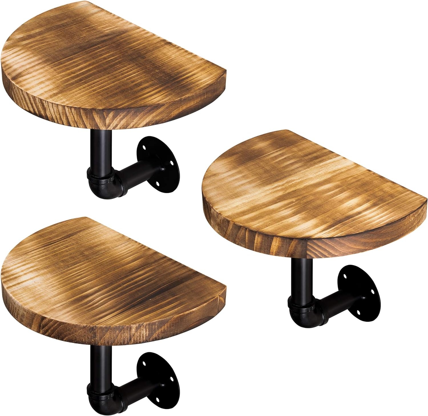 Navaris Decorative Shelves - Σετ με 3 Στρογγυλά Ράφια Τοίχου από Ξύλο Πεύκου με Βάση από Μέταλλο - 20 x 15 x 17cm - Brown