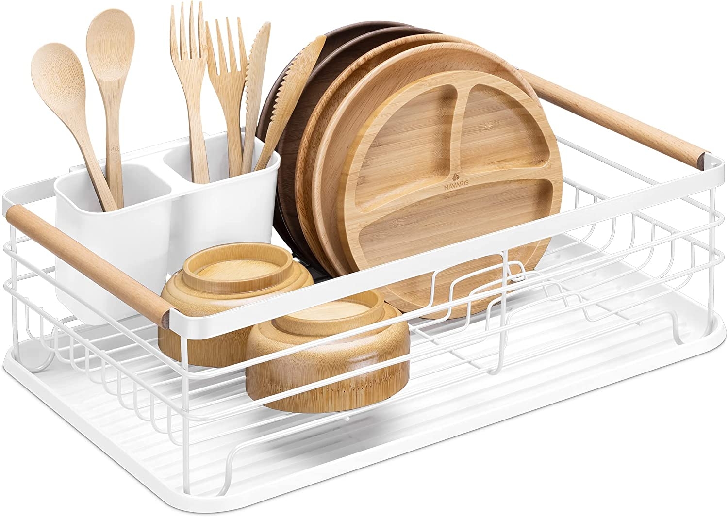 Navaris Dish Drainer Rack - Μεταλλική Πιατοθήκη / Στραγγιστήρι με Ξύλινες Λαβές - White