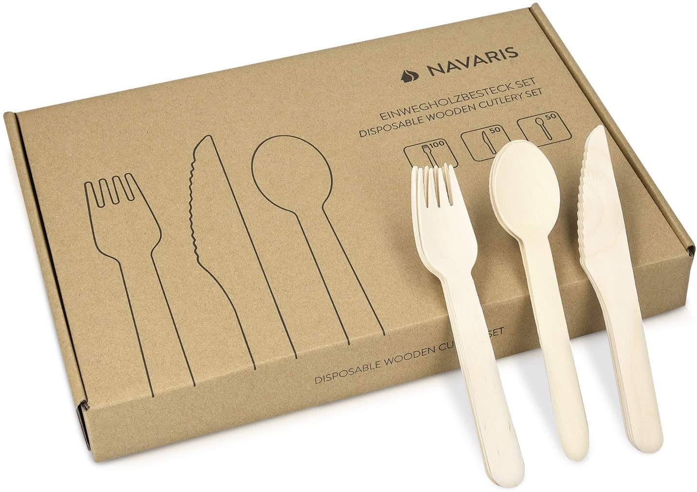 Navaris Disposable Wooden Cutlery Set - Σετ Ξύλινα Βιοδιασπώμενα Μαχαιροπίρουνα - 200 Τεμάχια