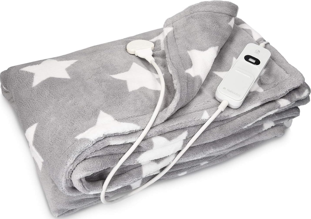 Navaris Electric Heating Blanket - Ηλεκτρική Θερμαινόμενη Πλενόμενη Κουβέρτα με Χρονοδιακόπτη για Αυτόματη Απενεργοποίηση - 180 x 130 cm - 120W - Light Gray with Stars