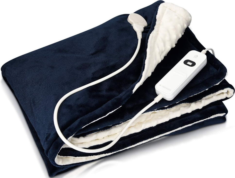Navaris Electric Heating Blanket - Ηλεκτρική Θερμαινόμενη Πλενόμενη Κουβέρτα με Χρονοδιακόπτη για Αυτόματη Απενεργοποίηση - 180 x 130 cm - 120W - Blue Outside / White Bubbles Inside