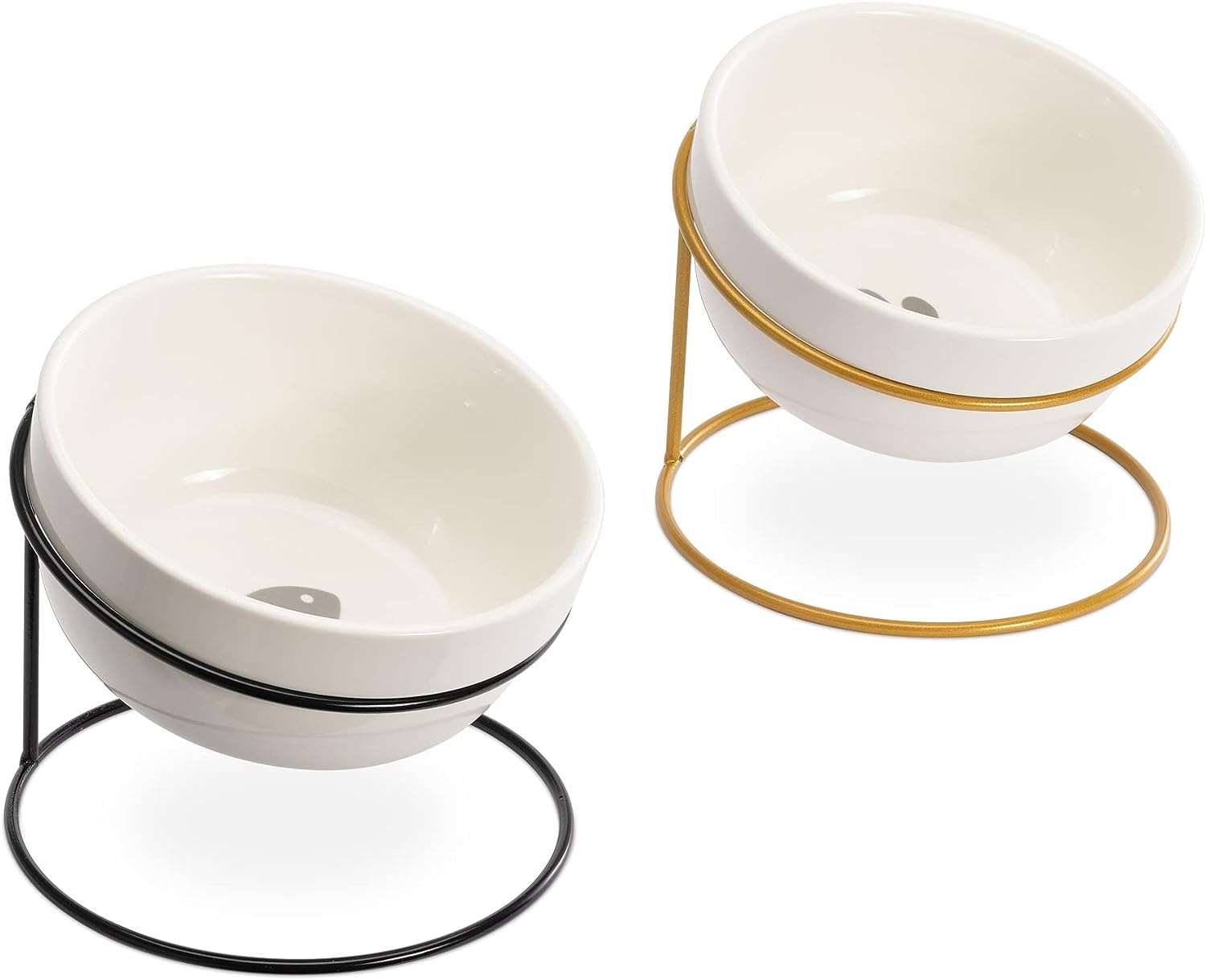 Navaris Elevated Feeding Bowls with Iron Holder - Σετ με 2 Ανυψωμένα Κεραμικά Μπολ Φαγητού και Νερού σε Μεταλλικές Βάσεις για Κατοικίδια - 600ml - Black / Gold