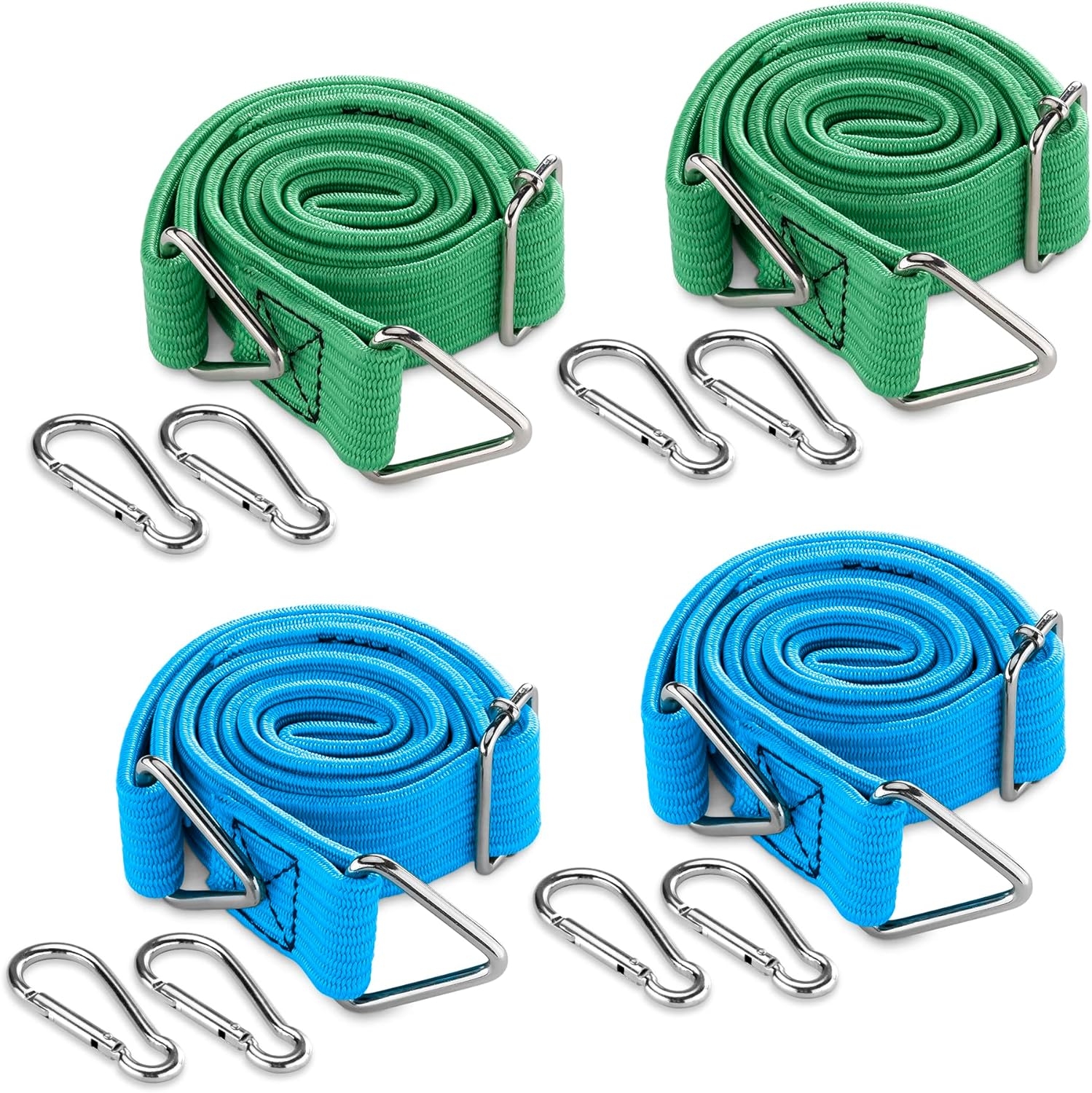 Navaris Flat Adjustable Bungee Cords with Carabiner Hooks - Σετ με 4 Flat Ελαστικούς Ρυθμιζόμενους Ιμάντες Πρόσδεσης / Τάνυσης Γενικής Χρήσης / Χταπόδι Αποσκευών με Γάτζους - Green / Blue