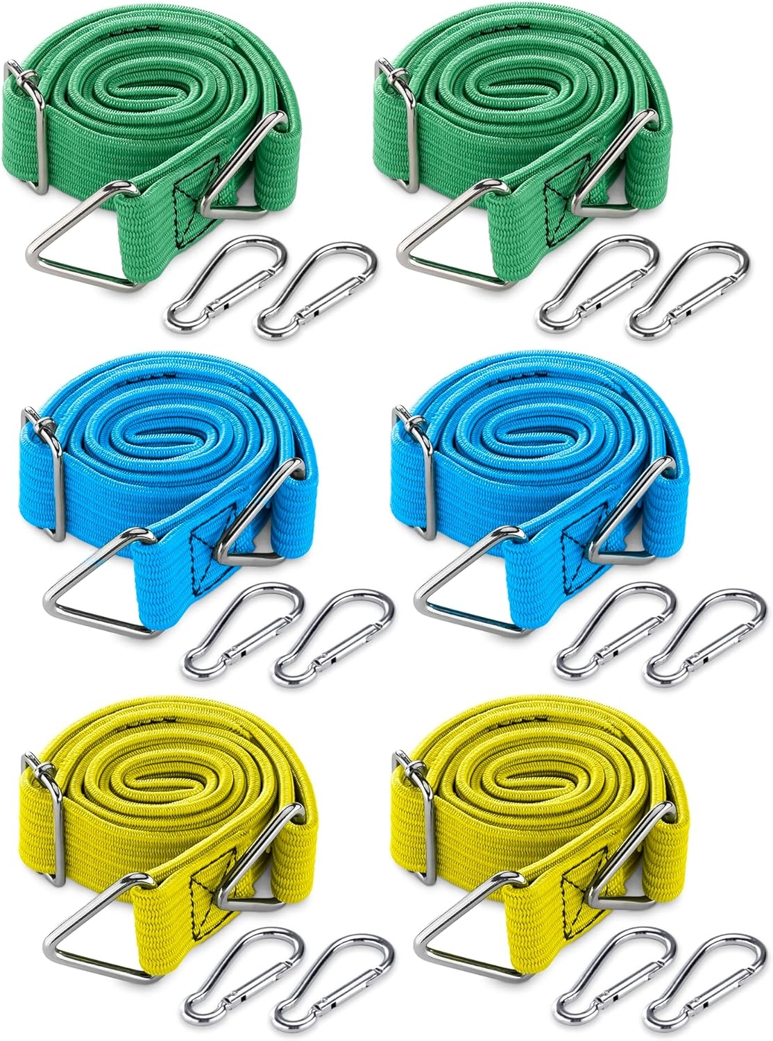 Navaris Flat Adjustable Bungee Cords with Carabiner Hooks - Σετ με 6 Flat Ελαστικούς Ρυθμιζόμενους Ιμάντες Πρόσδεσης / Τάνυσης Γενικής Χρήσης / Χταπόδι Αποσκευών με Γάτζους - Green / Blue / Yellow