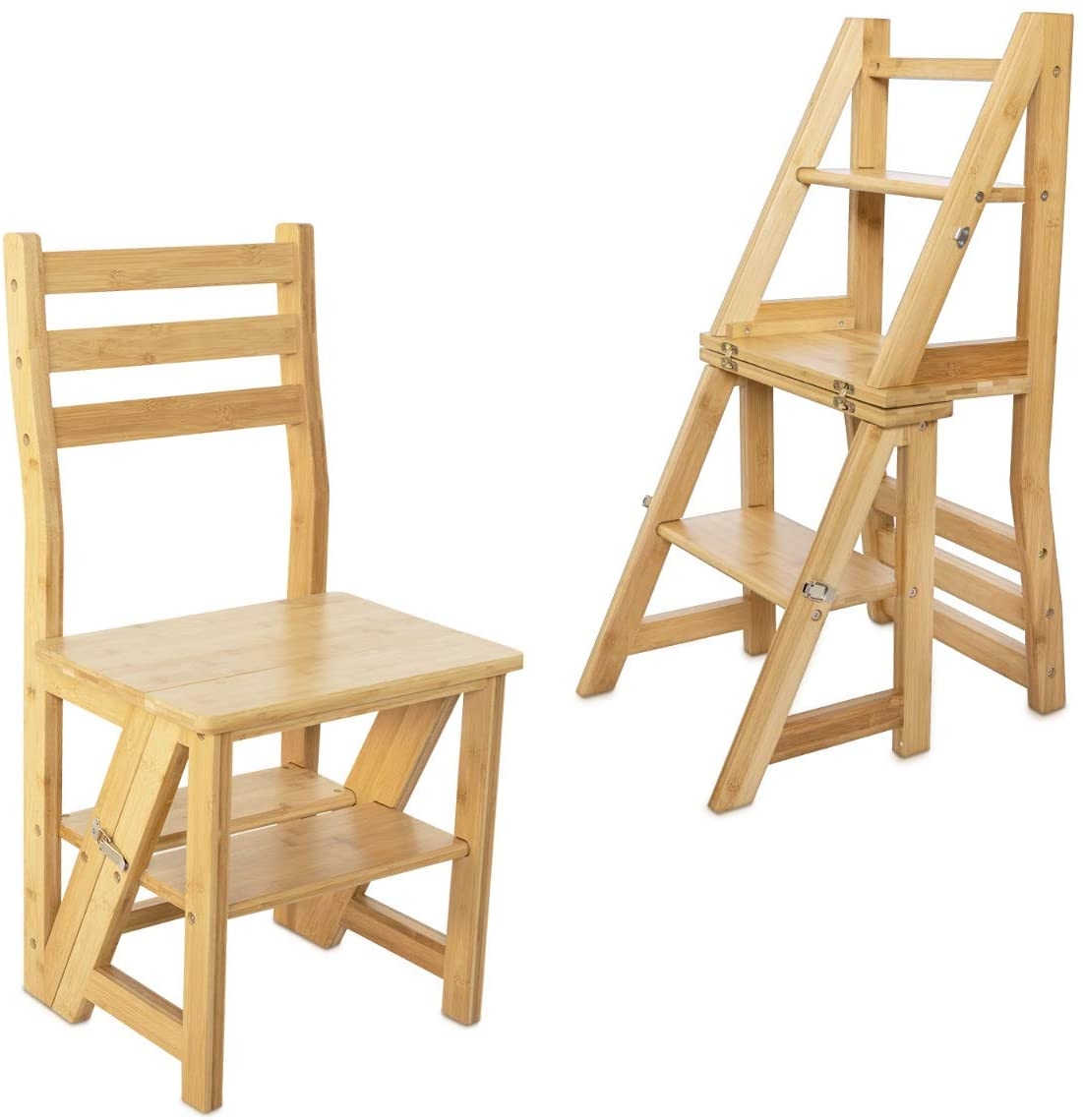 Navaris Folding Stool Ladder Chair - Πτυσσόμενο Έπιπλο / Σκαμπό / Καρέκλα / Βάση και Ράφι Αποθήκευσης από Μπαμπού - 39 x 40 x 89 cm - Beige