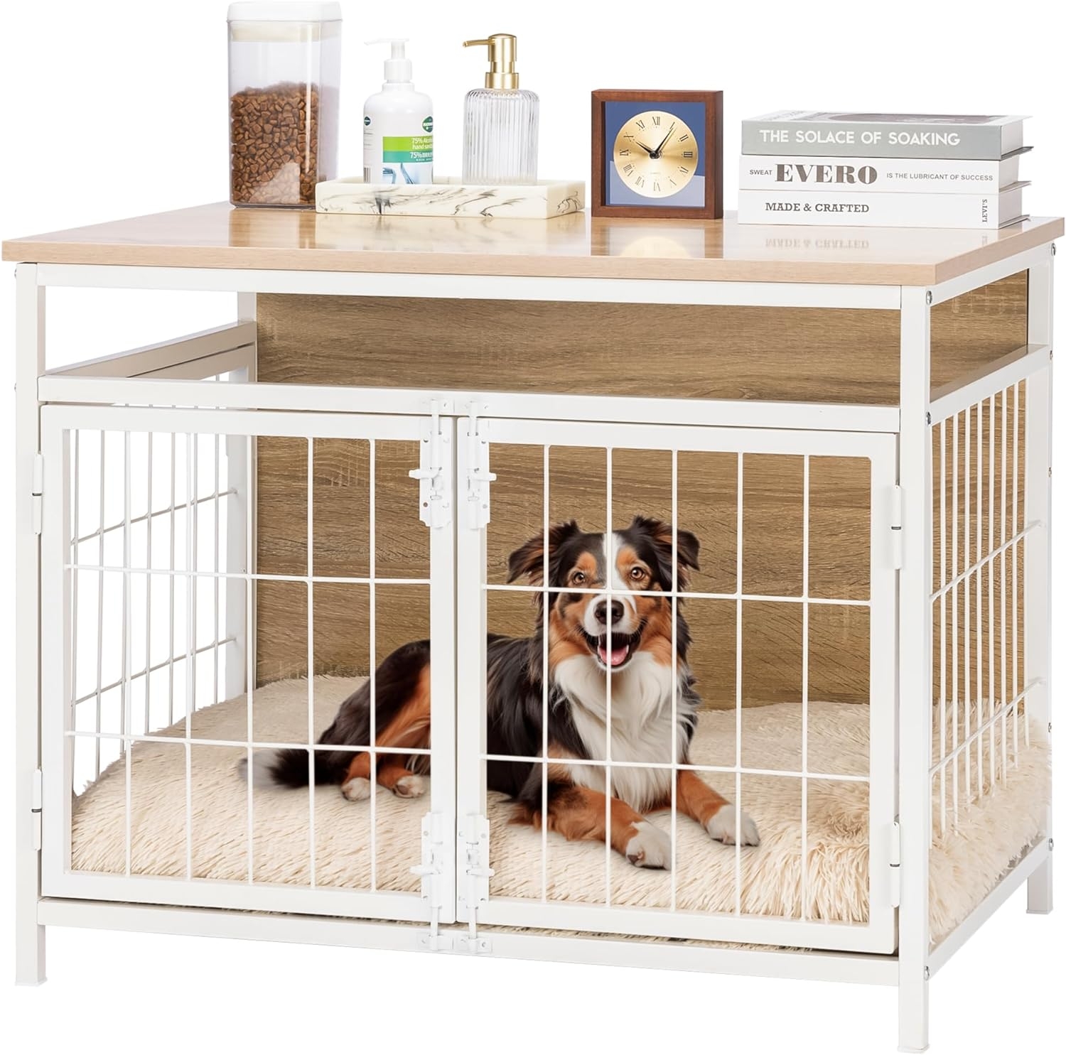 Navaris Furniture Dog Crate with Mat - Έπιπλο / Κλουβί Εσωτερικού Χώρου για Σκύλους με Χαλάκι - 80 x 56 x 63.5 cm - White / Beige