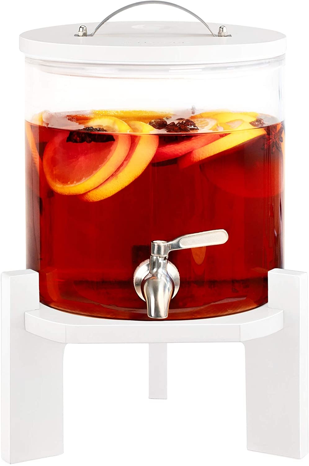 Navaris Glass Beverage Drink Dispenser - Γυάλινος Διανεμητής Ποτού με Βάση από Ξύλο Οξιάς - 5L - White