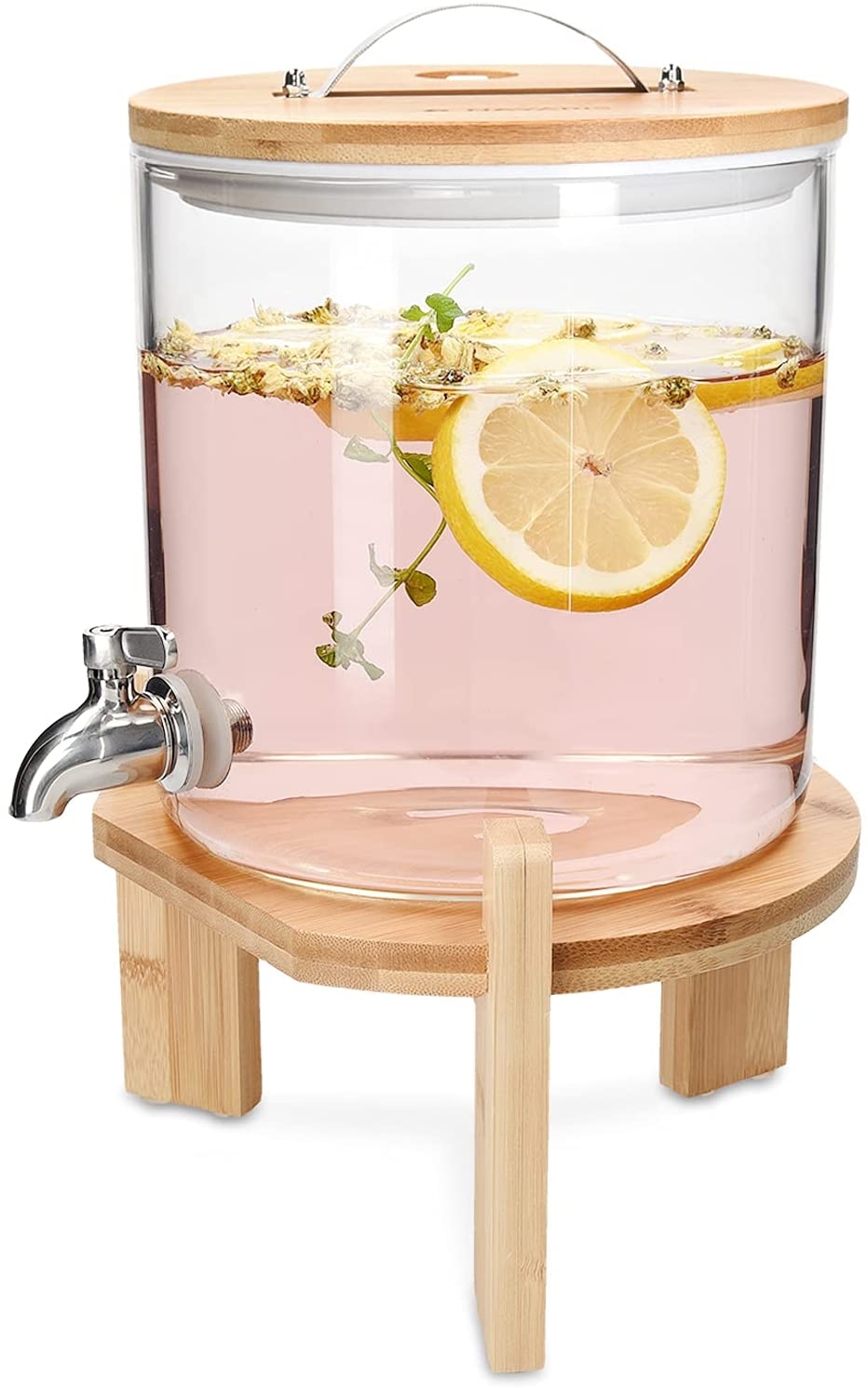 Navaris Glass Beverage Drink Dispenser - Γυάλινος Διανεμητής Ποτού με Ξύλινη Βάση - 5L - Clear