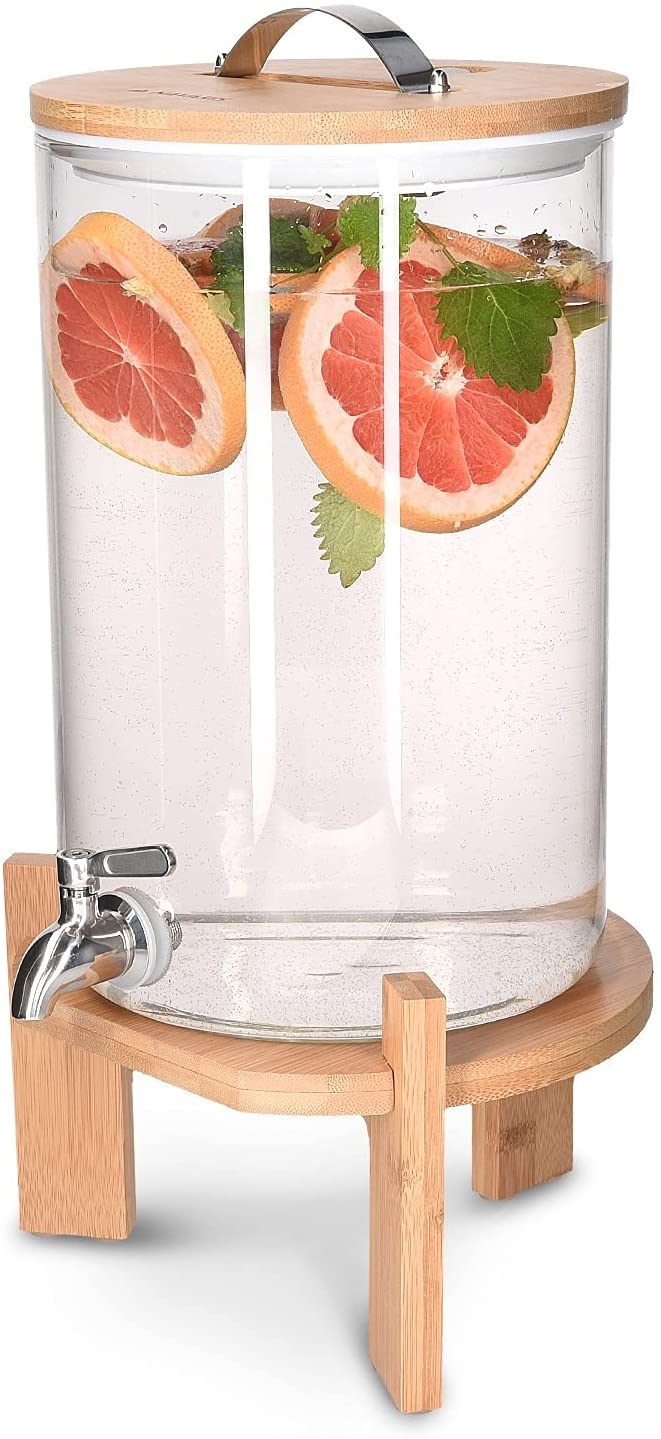 Navaris Glass Beverage Drink Dispenser - Γυάλινος Διανεμητής Ποτού με Βάση και Καπάκι από Μπαμπού - 7L - Clear