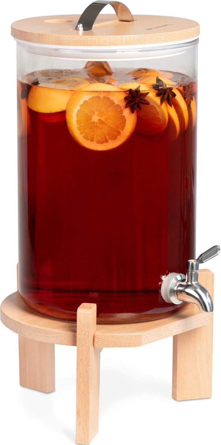 Navaris Glass Beverage Drink Dispenser Γυάλινος Διανεμητής Ποτού με Βάση και Καπάκι από Ξύλο Οξιάς 7L Clear