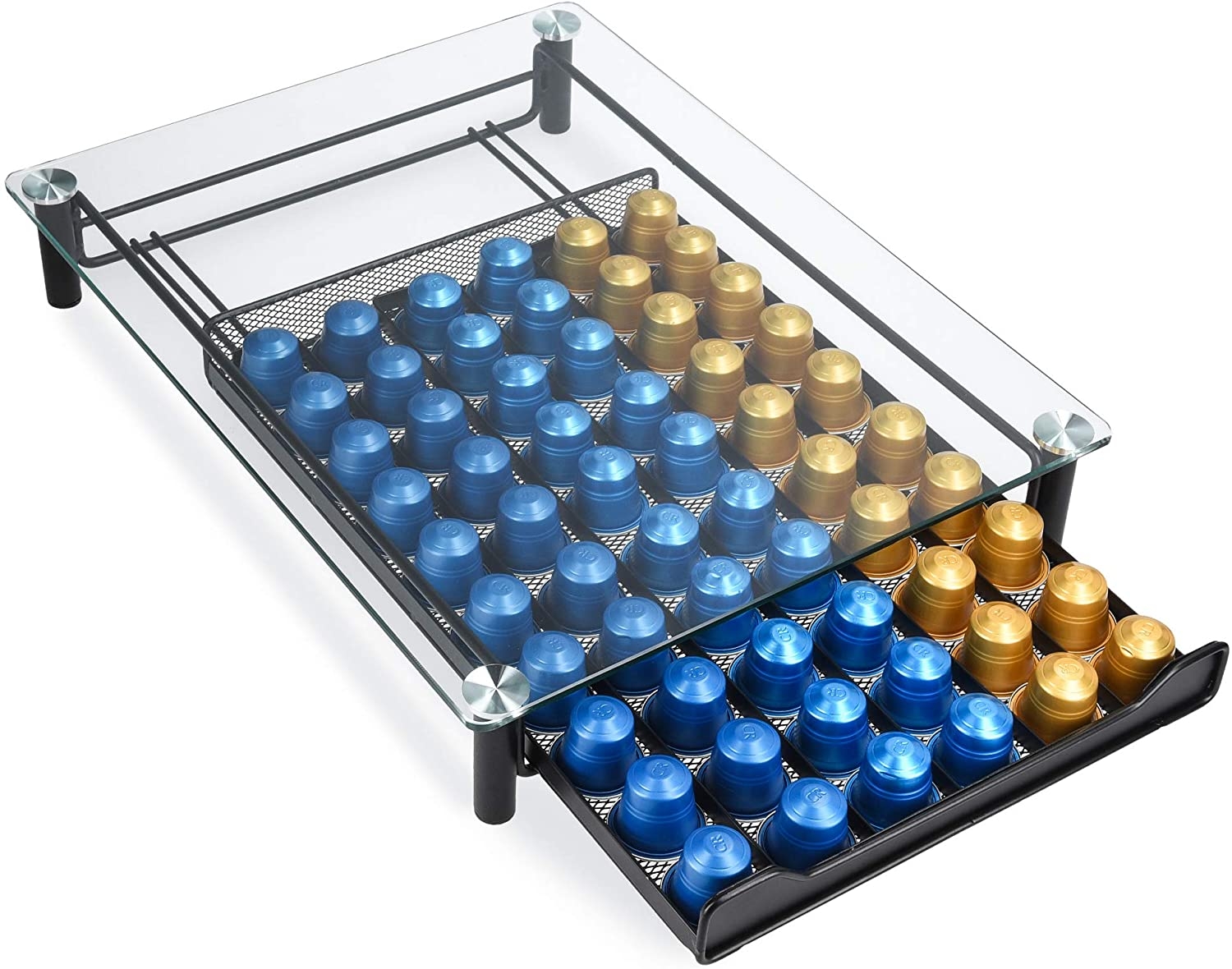 Navaris Glass Coffee Pod Drawer Capsule Box - Συρτάρι για 60 Κάψουλες Nespresso / Γυάλινη Βάση για Καφετιέρα - Black