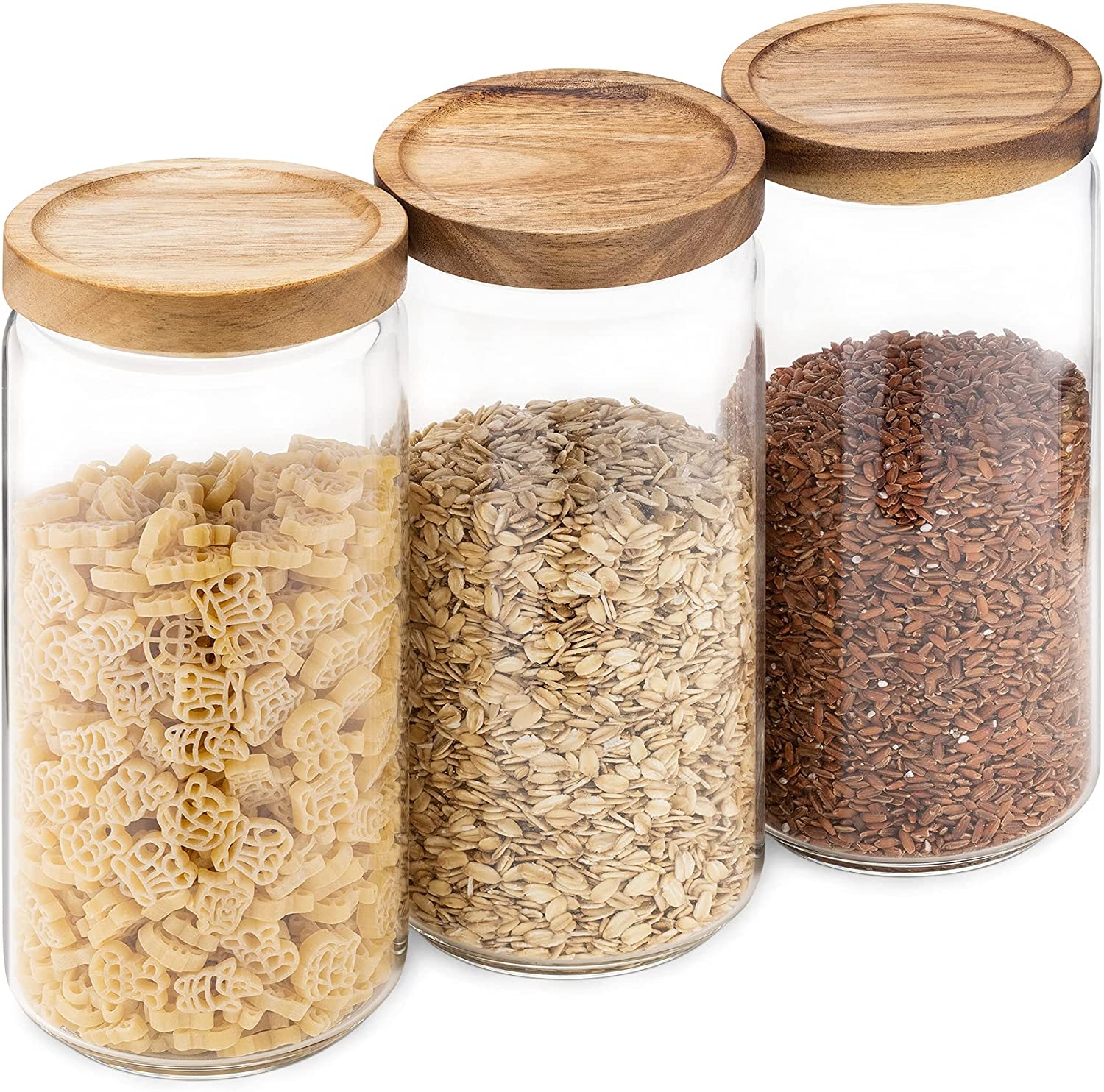 Navaris Glass Storage Jars 950ml Set of 3 - Σετ 3 Στρογγυλά Γυάλινα Βάζα Αποθήκευσης με Καπάκι από Ξύλο Ακακίας - 950ml - Clear