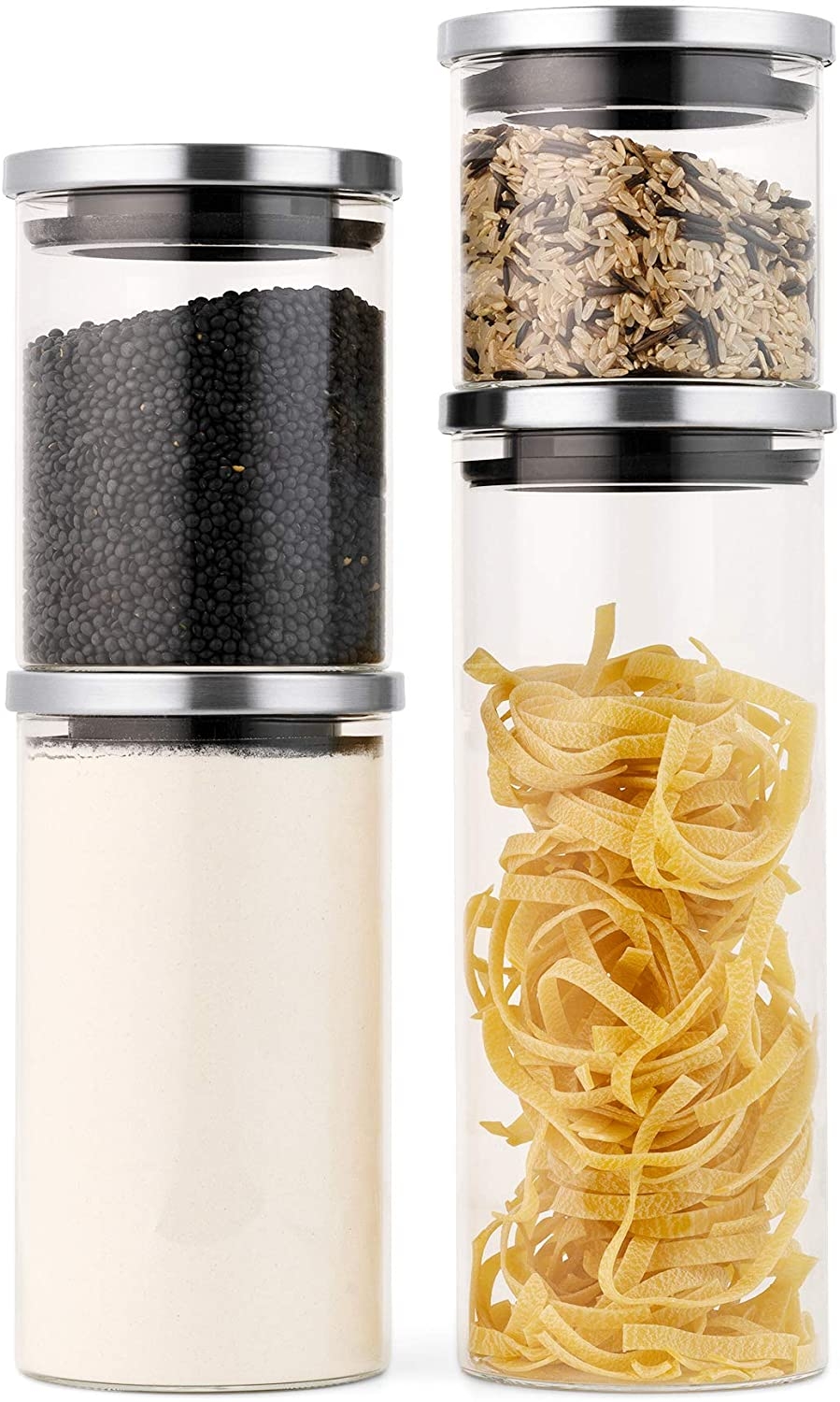 Navaris Glass Storage Jars - Σετ 4 Γυάλινα Βάζα Αποθήκευσης με Καπάκι από Ανοξείδωτο Ατσάλι - 1.4L / 1L / 600ml / 300ml - Clear