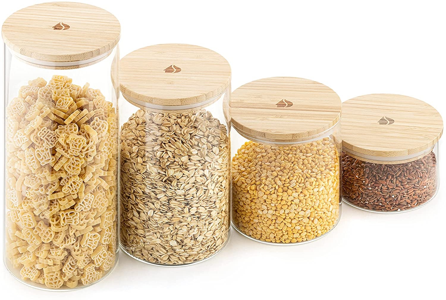 Navaris Glass Storage Jars Set of 4 - Σετ 4 Γυάλινα Βάζα Αποθήκευσης με Καπάκι από Μπαμπού - 1.4L / 1L / 600ml / 300ml - Clear