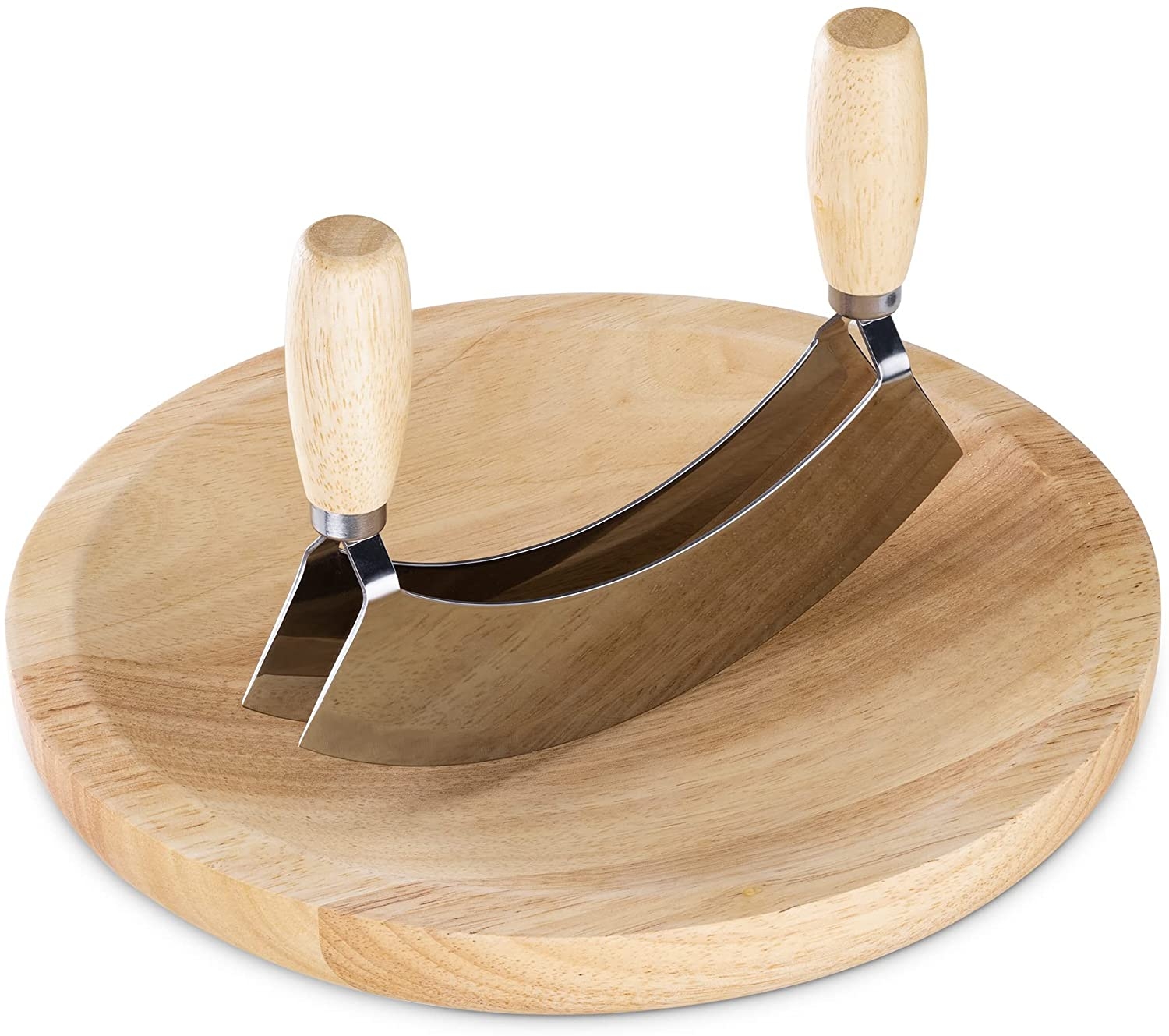 Navaris Herb Cutting Board and Mezzaluna - Σετ Ξύλινη Επιφάνεια Κοπής με Μαχαίρι Mezzaluna από Ανοξείδωτο Ατσάλι - Rubber Wood