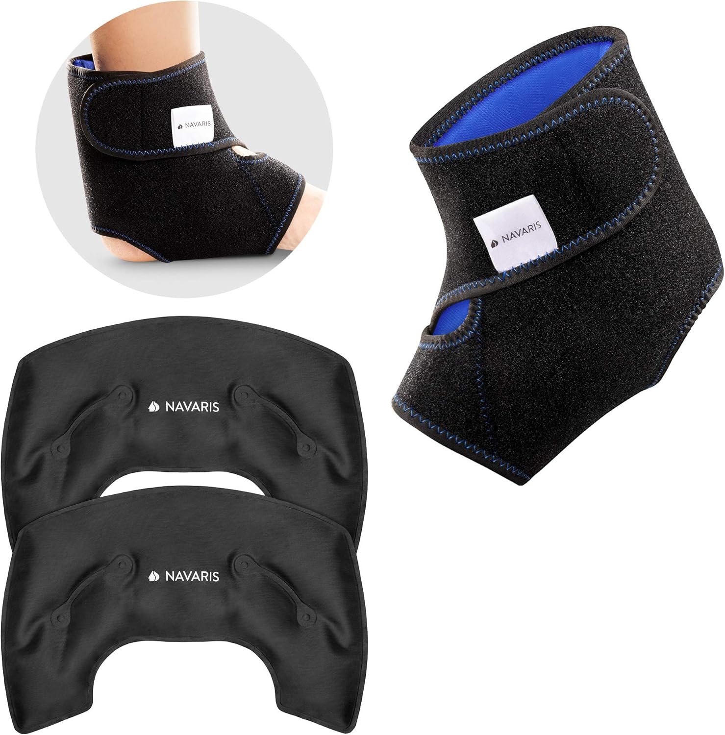 Navaris Hot & Cold Gel Compress Set Ankle - Σετ με 1 x Επιστραγαλίδα και 2 x Κομπρέσες / Επιθέματα Gel Κρυοθεραπείας & Θερμοθεραπείας για τον Αστράγαλο - Blue