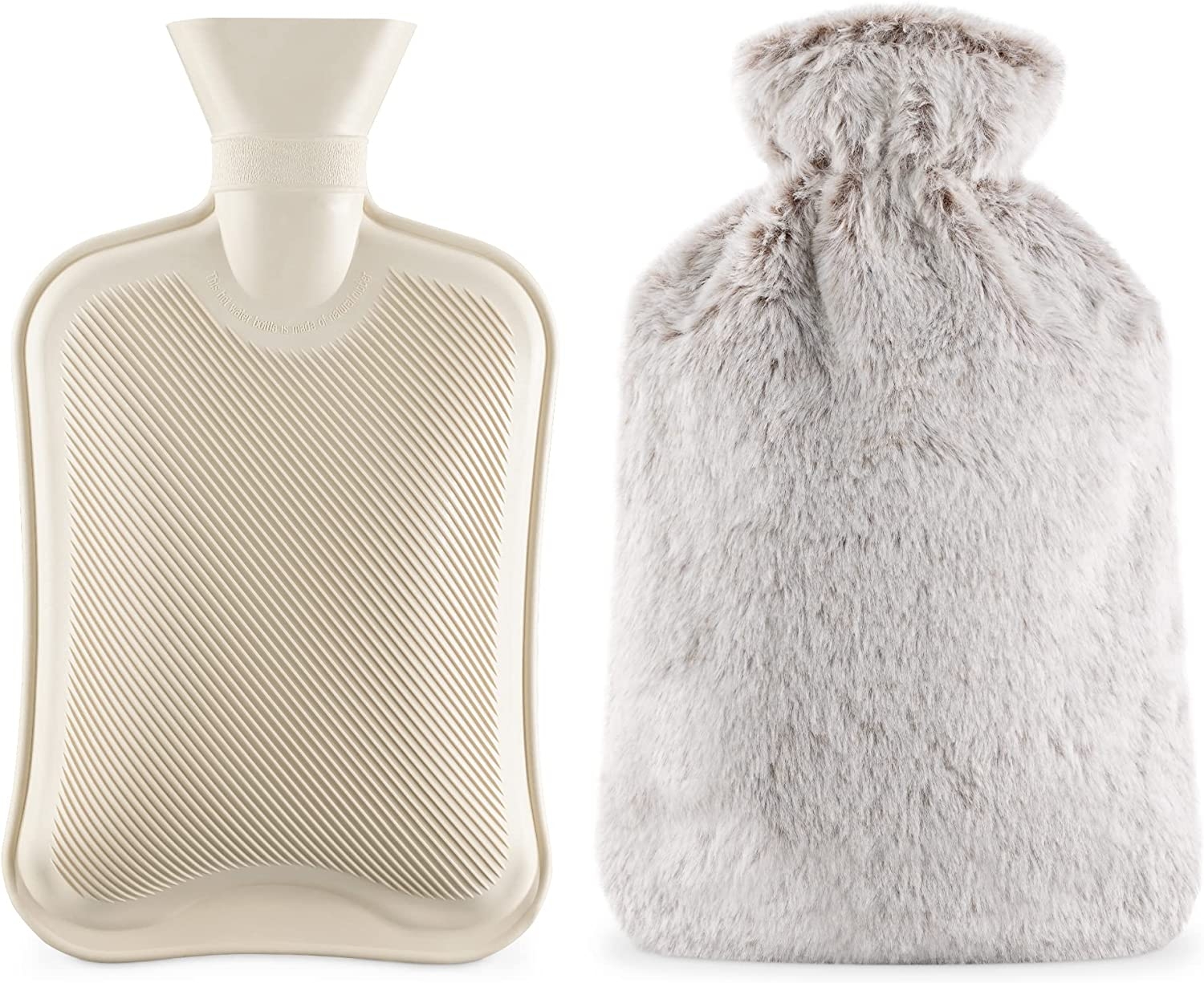 Navaris Hot Water Bottle with Fluffy Cover - Θερμοφόρα Ζεστού Νερού με Μαλακή Γούνινη / Χνουδωτή Θήκη - 33 x 21 x 4 cm - 2L - Βeige