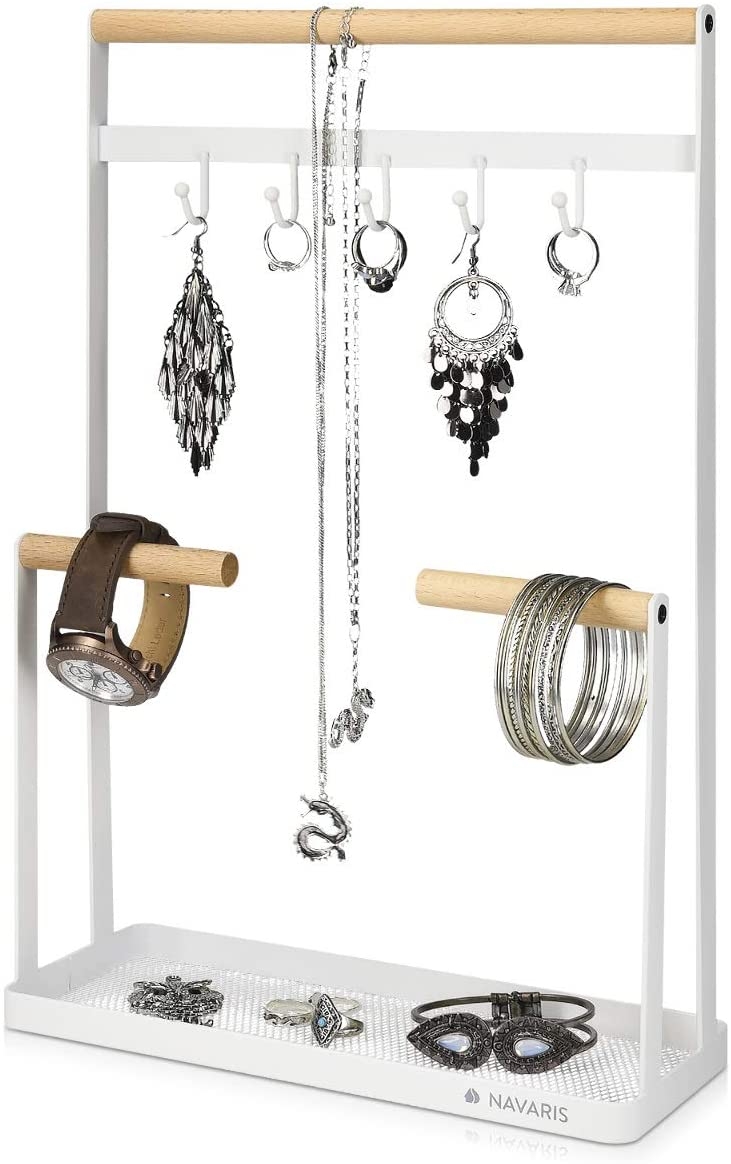 Navaris Jewellery Stand Necklace Holder - Βάση Κοσμημάτων και Αξεσουάρ από Μέταλλο και Ξύλο - White