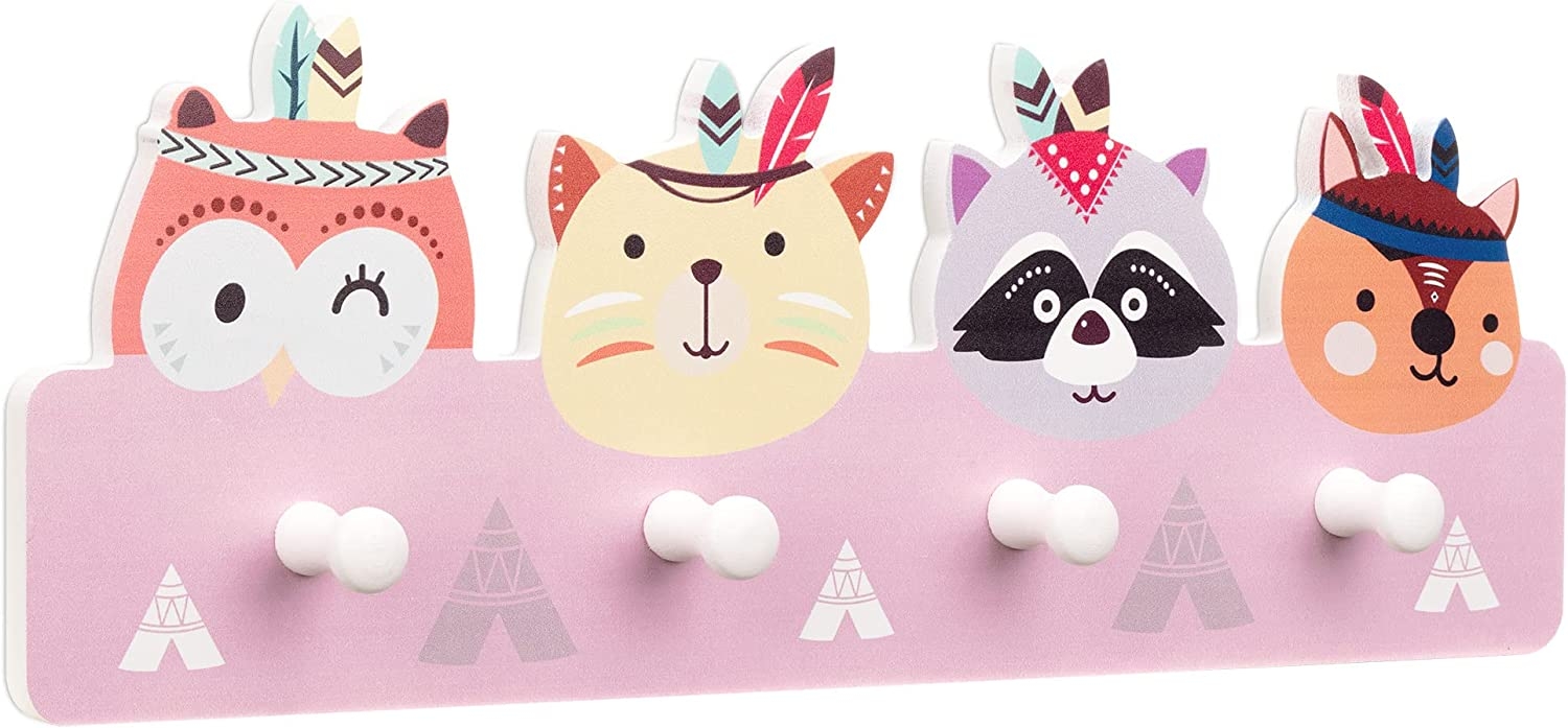 Navaris Kids Wall Rack - Παιδική Κρεμάστρα Τοίχου 4 Θέσεων από Ξύλο Πεύκου - Wild Animals