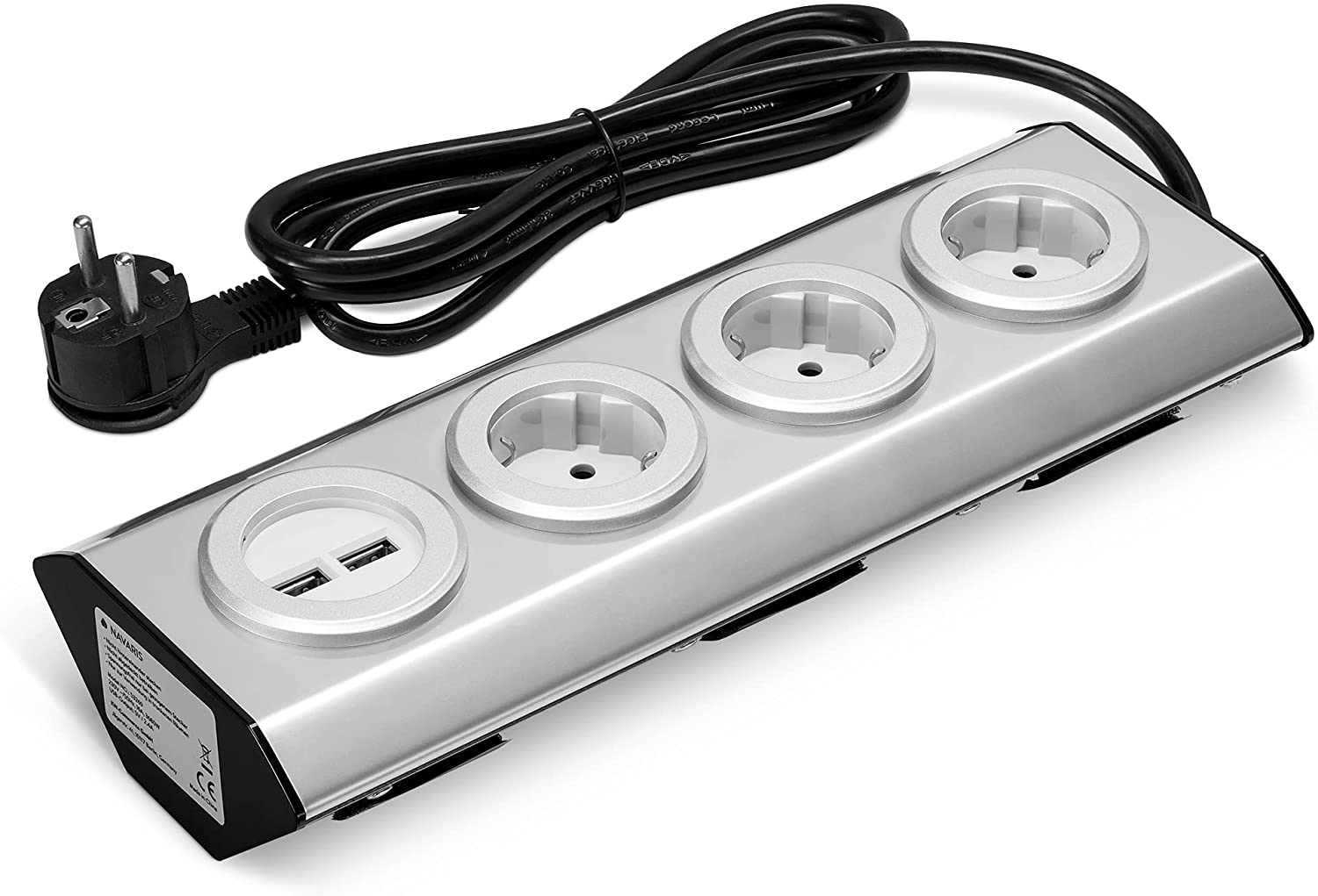 Navaris Kitchen Power Strip - Πολύπριζο από Ανοξείδωτο Ατσάλι με 3 Υποδοχές και 2 x USB-A - Silver