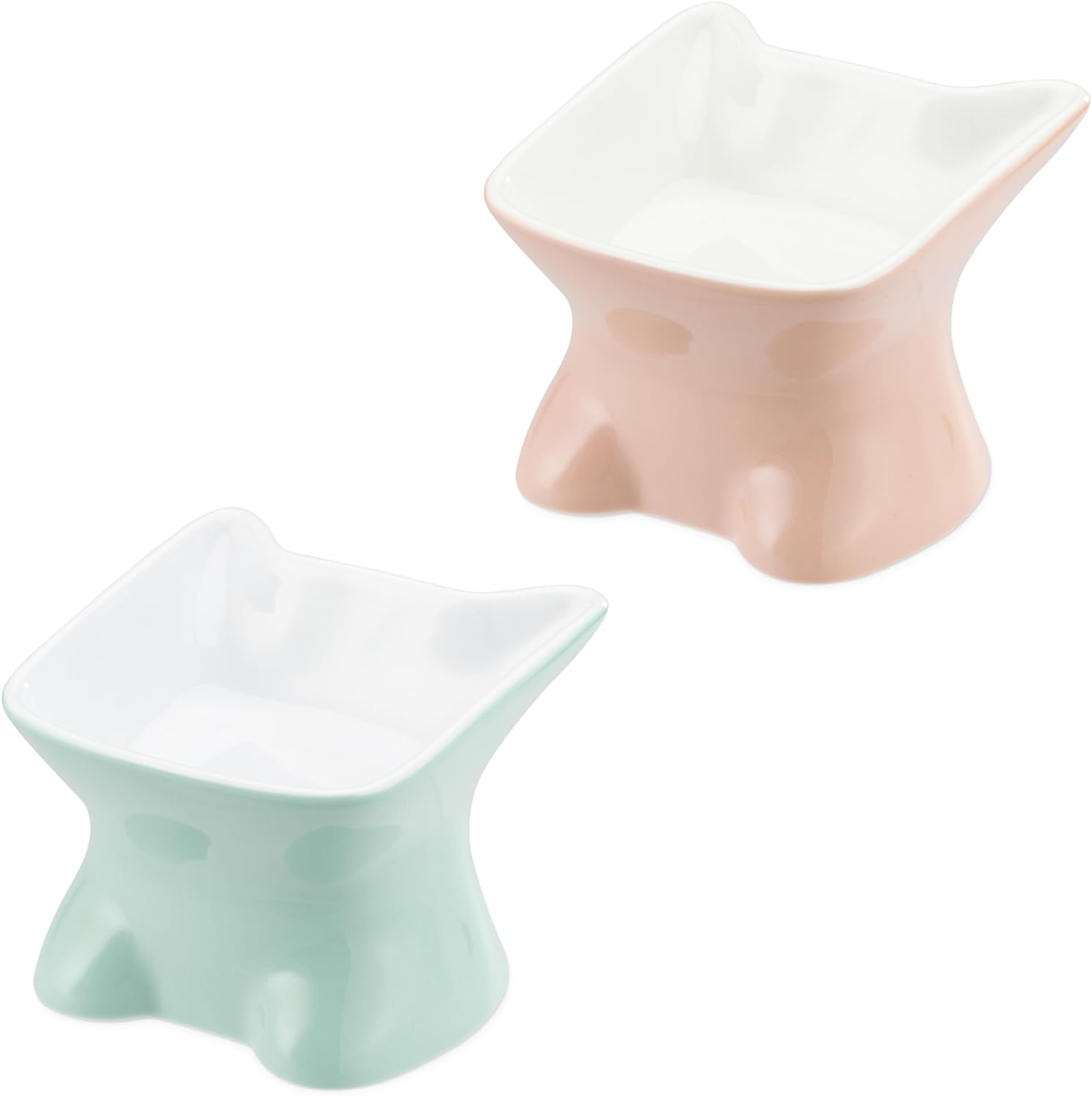 Navaris Kitty Cat Feeding Bowls - Σετ με 2 Ανυψωμένα Κεραμικά Μπολ Φαγητού και Νερού για Κατοικίδια - 120ml - 11.6 x 10 x 11.6 cm - Green / Peach