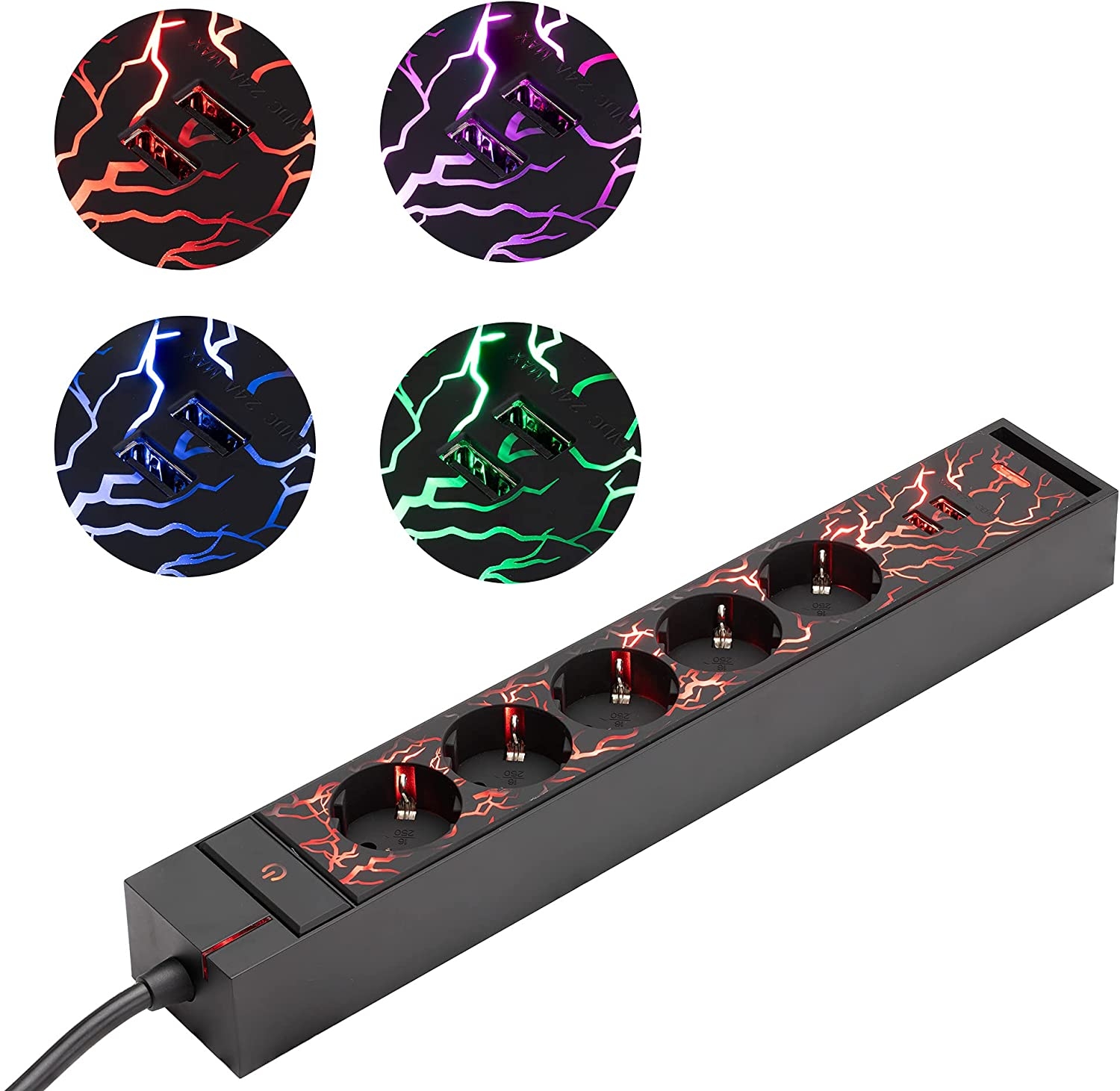 Navaris LED Power Strip - Gaming LED Πολύπριζο με 5 Υποδοχές και 2 x USB-A - Black