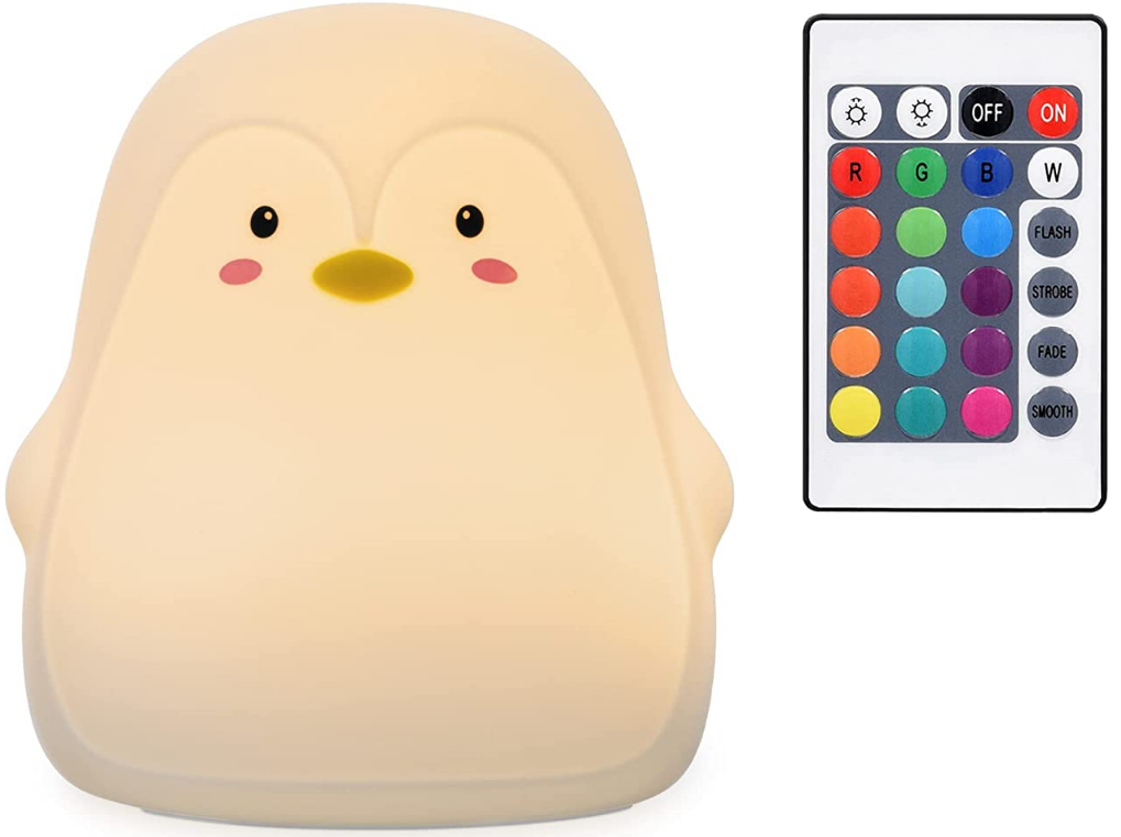 Navaris Led Silicone Night Light - Παιδικό Επαναφορτιζόμενο Φωτάκι Νυκτός LED από Σιλικόνη με RGB / Αισθητήρα Αφής & Τηλεχειριστήριο - Penguin / White