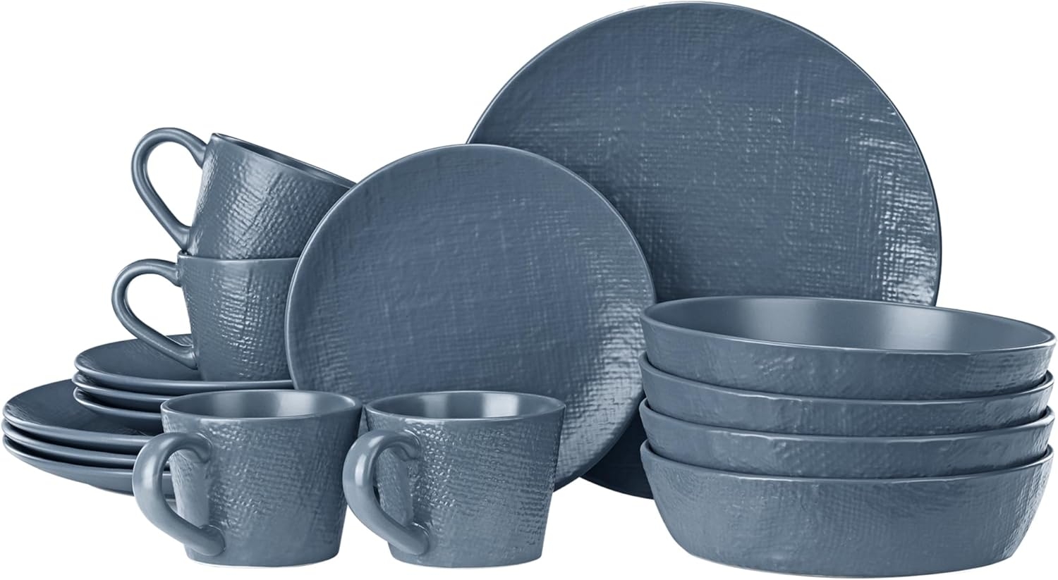 Navaris Linen Artisan Dinnerware - Κεραμικό Σετ Πιάτων Φαγητού με Κούπες 16 Τεμαχίων / Σερβίτσιο για 4 Άτομα - Smokey Blue