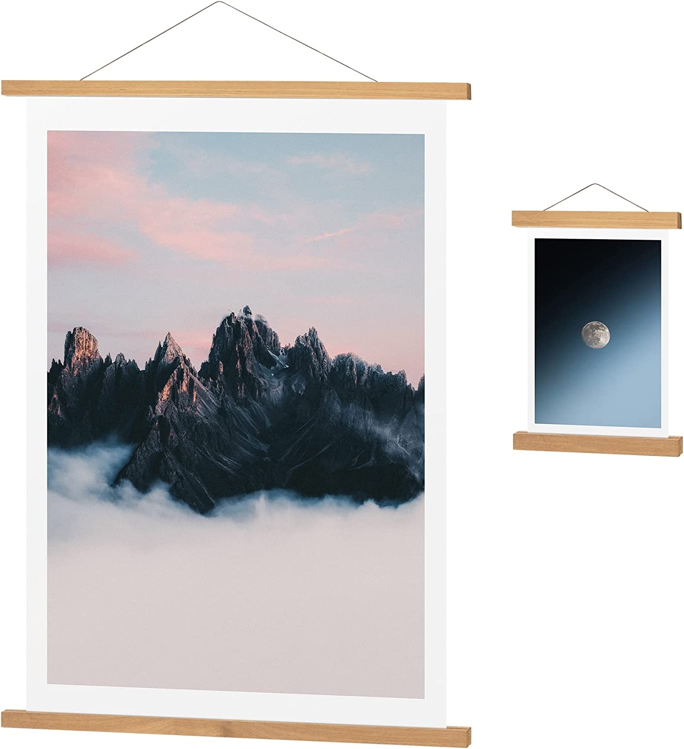 Navaris Magnetic Poster Rail - Σετ με 2 Poster Snap / Μαγνητικές Κορνίζες Τοίχου / Ράγες για Αφίσα από Ξύλο Teak - 61cm & 21cm - Brown