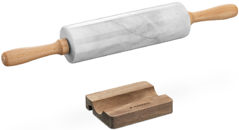 Navaris Marble Rolling Pin and Stand - Πλάστης από Μάρμαρο με Ξύλινες Λαβές και Βάση - White / Brown