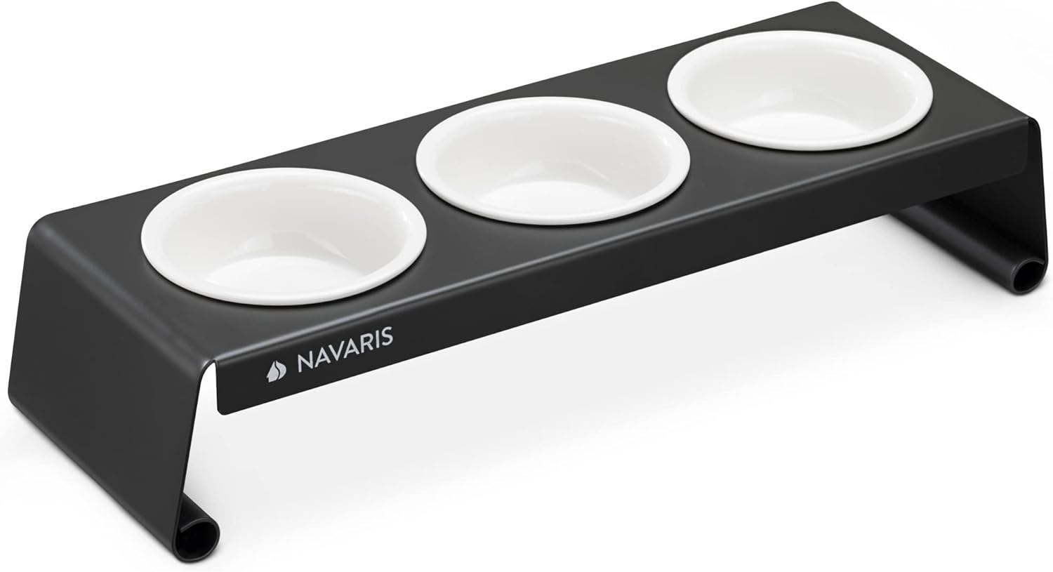 Navaris Metal Food Stand with 3 Ceramic Bowls - Σετ με 3 Ανυψωμένα Κεραμικά Μπολ Φαγητού και Νερού σε Βάση από Μέταλλο για Κατοικίδια - 350ml - Dark Grey