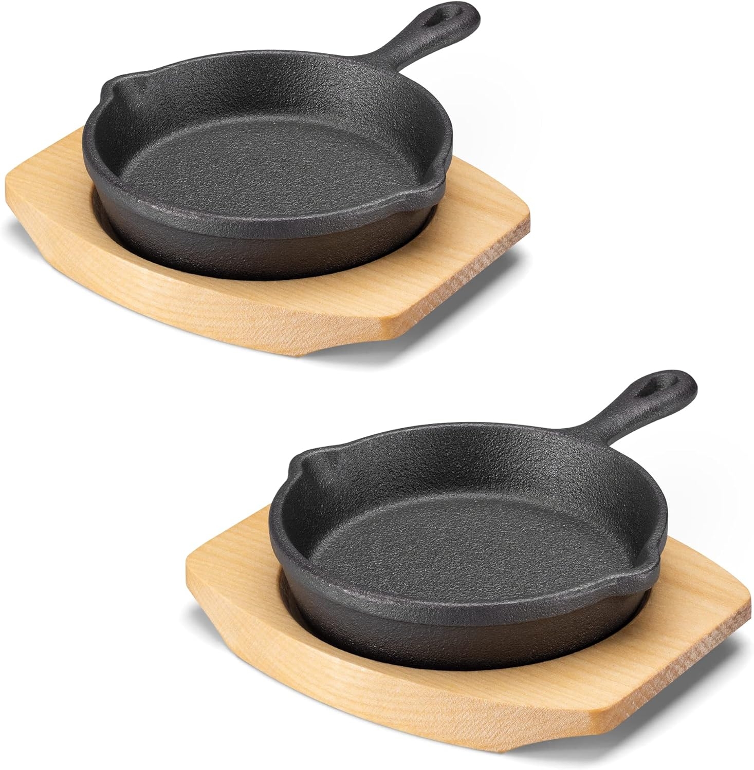 Navaris Mini Cast Iron Skillet With Wooden Base Set of 2 - Σετ με 2 Μίνι Τηγάνια από Μαντέμι / Χυτοσίδηρο με Βάσεις από Ξύλο Σημύδας - 10.2 cm - Black
