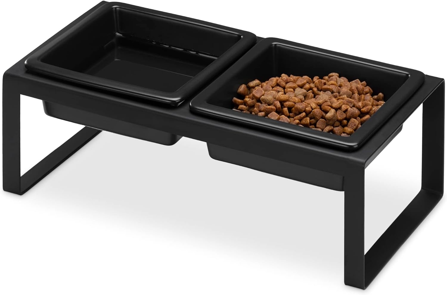 Navaris Modern Cat Feeding Station with Square Bowls - Σετ με 2 Ανυψωμένα Τετράγωνα Κεραμικά Μπολ Φαγητού και Νερού σε Μεταλλική Αντιολισθητική Βάση για Κατοικίδια - 250ml - 29 x 15.5 x 10 cm - Black