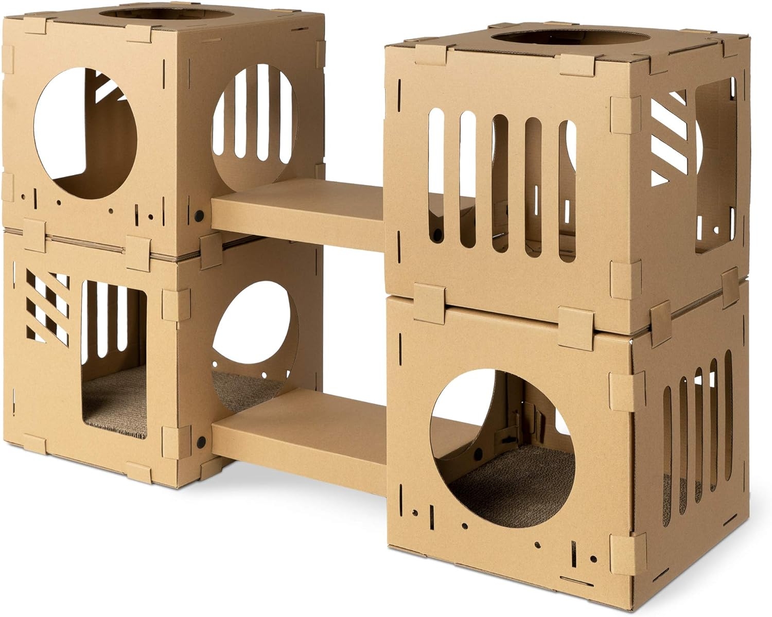Navaris Modular Cat Tunnel Cubes / Play Tower Condo - Παιχνίδι / Σπίτι για Γάτες / Κουνελάκια με 2 x Ονυχοδρόμια / 2 x Γέφυρες & 4 x Κύβους από Χαρτόνι Γκοφρέ - Brown