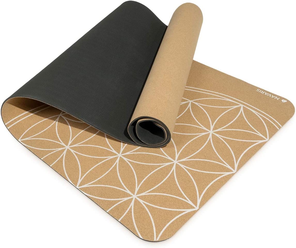 Navaris Non Slip Cork Yoga Mat - Στρώμα Γυμναστικής από Φελλό με Χειρολαβή - Flower of Life