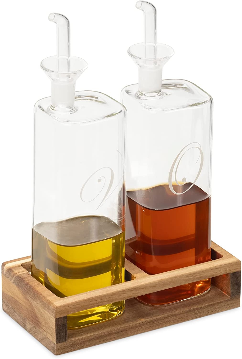 Navaris Oil and Vinegar Dispenser Set with Wooden Base - Σετ Γυάλινα Δοχεία / Μπουκάλια για Λάδι και Ξύδι με Βάση από Ξύλο Ακακίας - 220ml - Clear